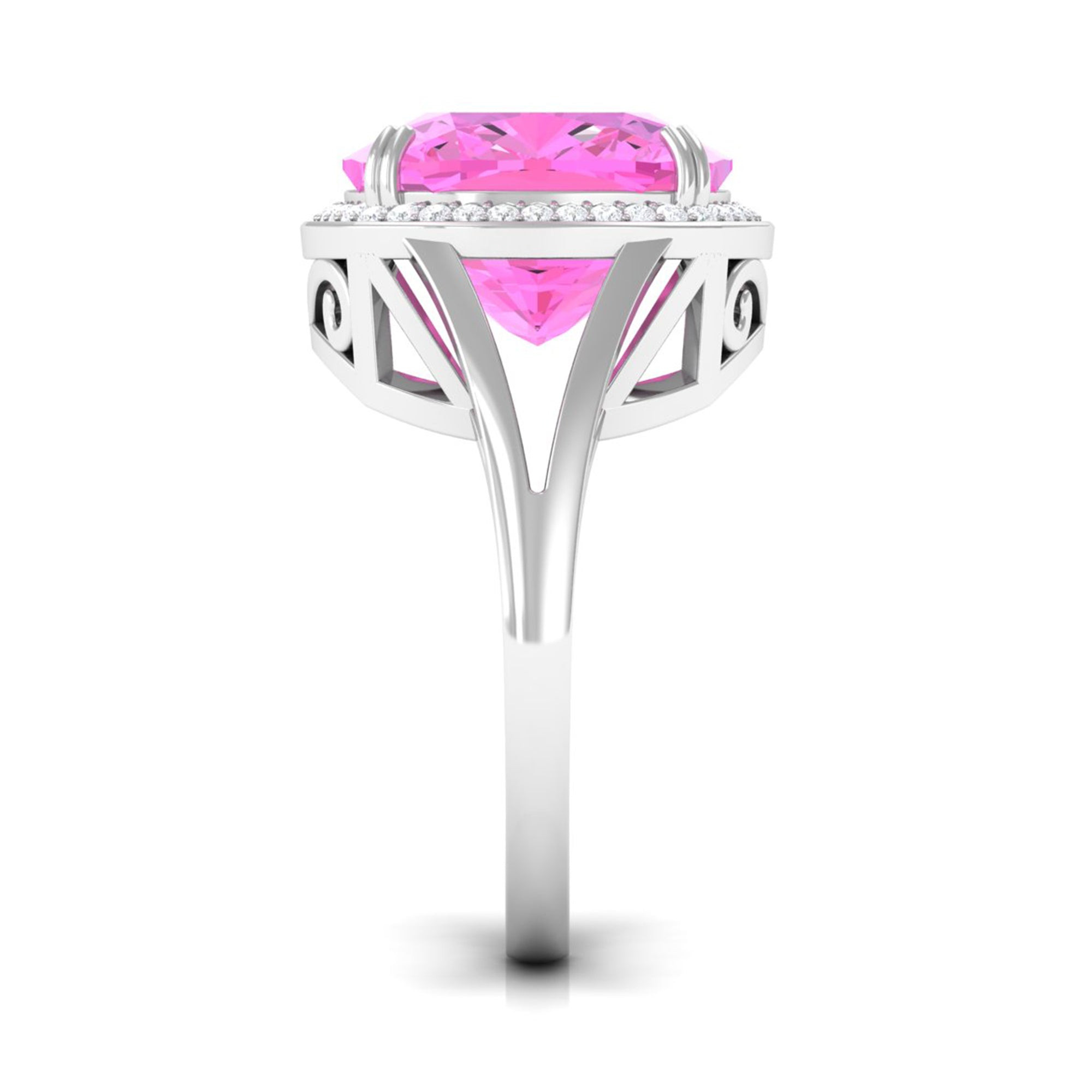 Cushion Cut Created Pink Sapphire Halo Cocktail Ring with Diamond Lab Created Pink Sapphire - ( AAAA ) - Quality - Rosec Jewels