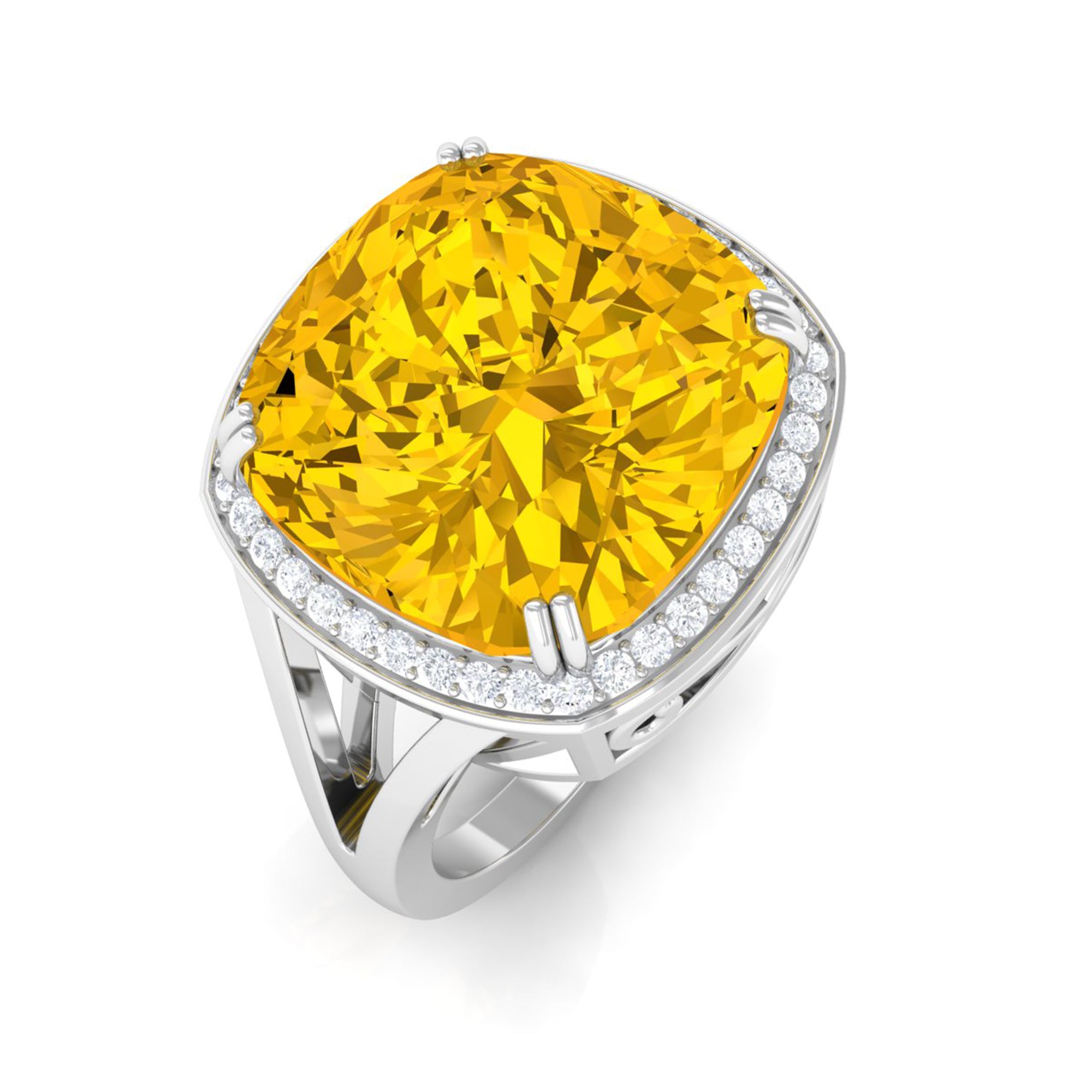 Cushion Cut Lab Grown Yellow Sapphire Engagement Ring with Diamond Lab Created Yellow Sapphire - ( AAAA ) - Quality - Rosec Jewels