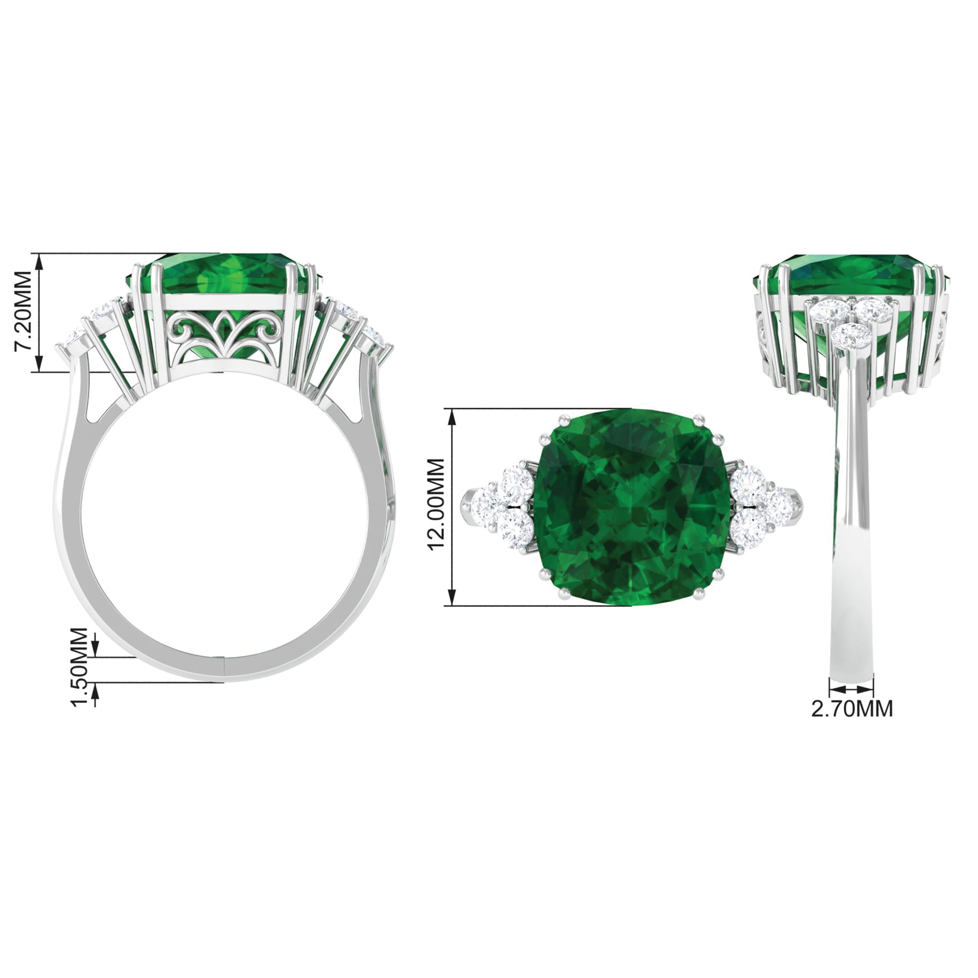 Cushion Cut Created Emerald Engagement Ring with Diamond Trio Lab Created Emerald - ( AAAA ) - Quality - Rosec Jewels