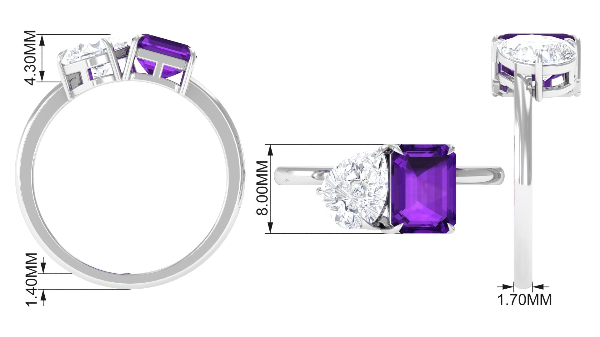 Real Amethyst and Moissanite Toi Et Moi Ring Amethyst - ( AAA ) - Quality - Rosec Jewels