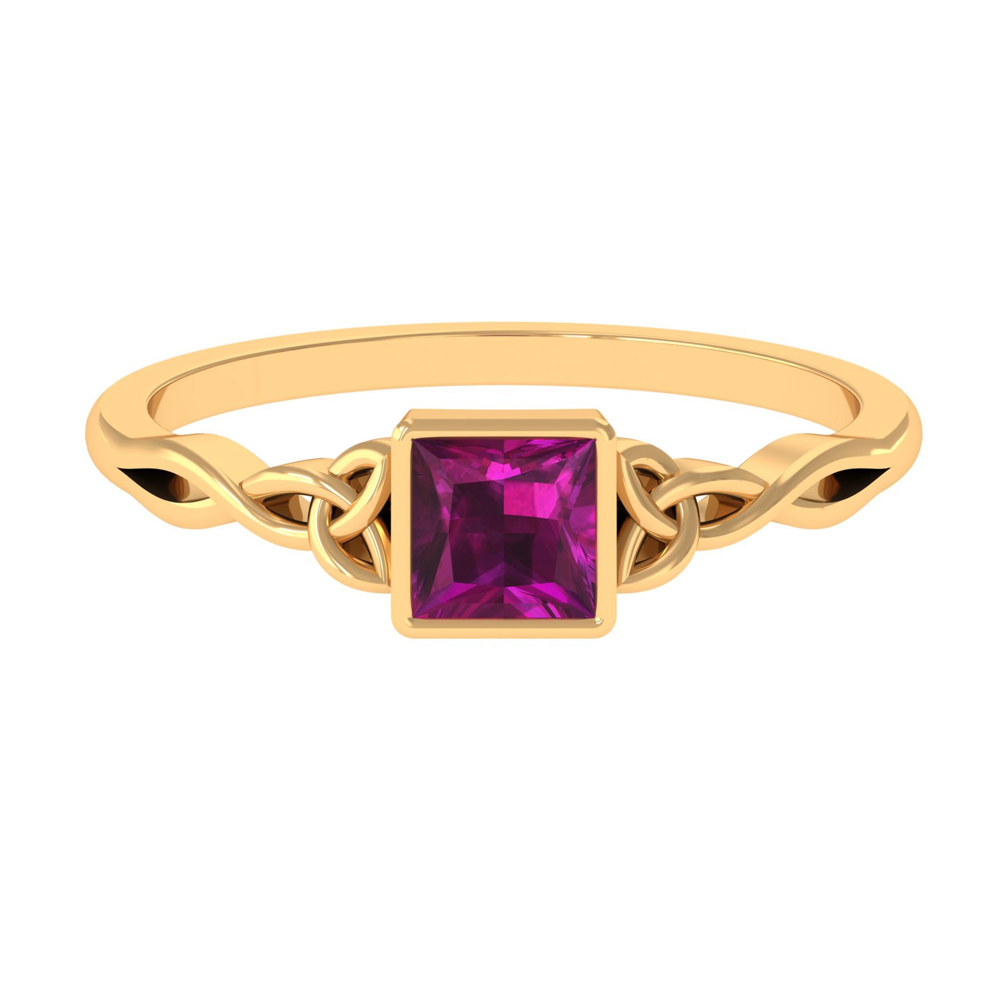 Real Rhodolite Princess Cut Solitaire Celtic Ring in Bezel Setting Rhodolite - ( AAA ) - Quality - Rosec Jewels