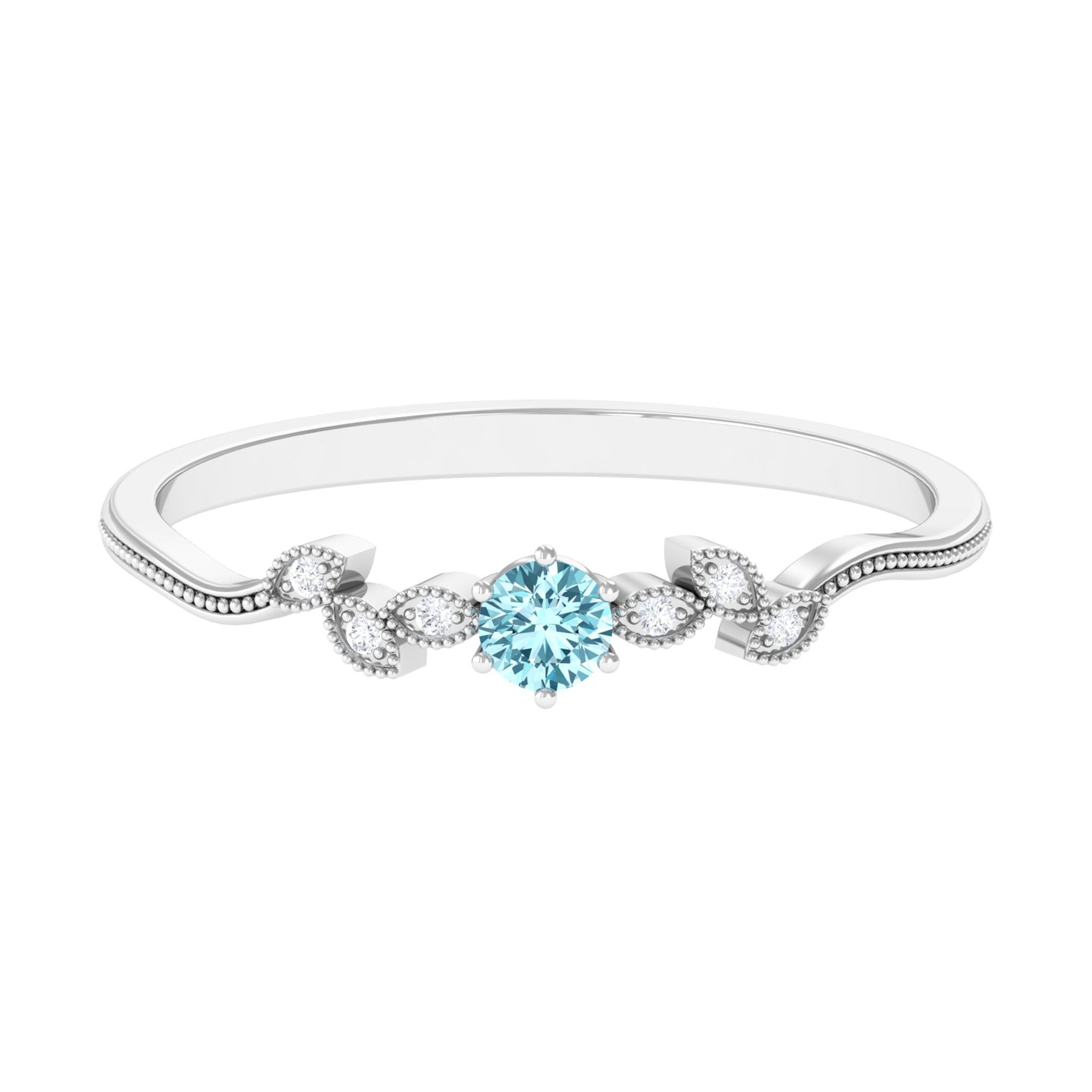 Round Aquamarine Leaf Inspired Solitaire Promise Ring Aquamarine - ( AAA ) - Quality - Rosec Jewels