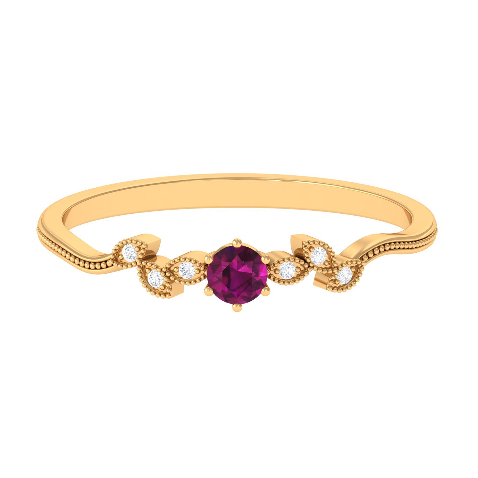 Real Rhodolite Solitaire Leaf Inspired Promise Ring with Diamond Rhodolite - ( AAA ) - Quality - Rosec Jewels