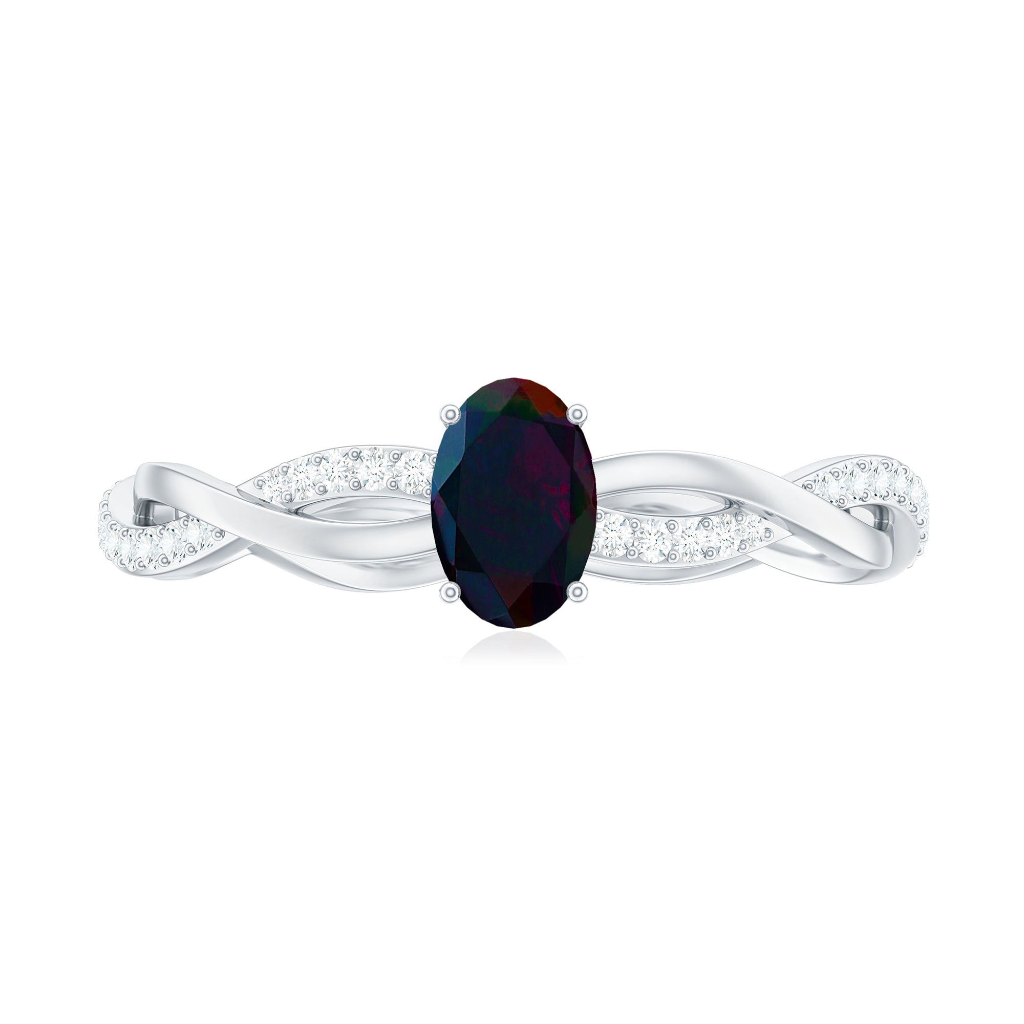 Oval Black Opal and Diamond Braided Engagement Ring Black Opal - ( AAA ) - Quality - Rosec Jewels