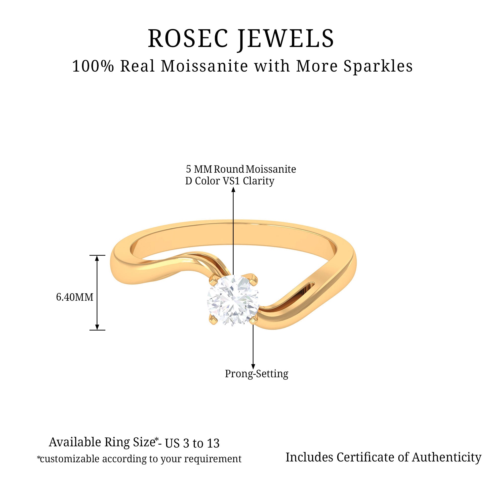 Cute Moissanite Solitaire Bypass Ring Moissanite - ( D-VS1 ) - Color and Clarity - Rosec Jewels