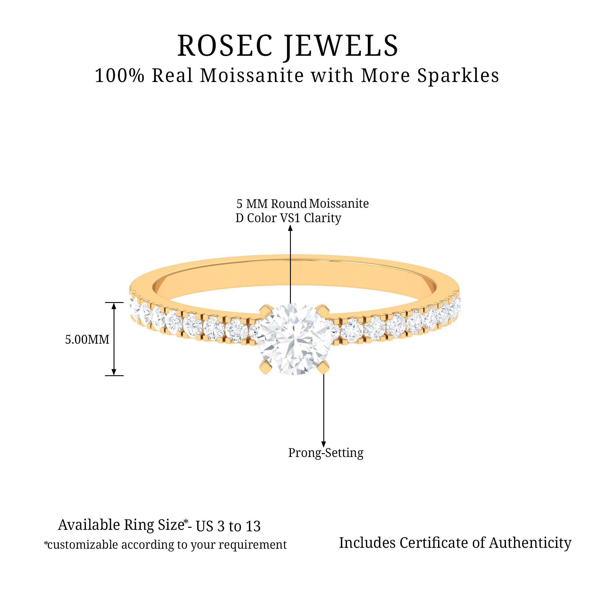 3/4 CT Simple Moissanite Solitaire Ring with Side Stone Moissanite - ( D-VS1 ) - Color and Clarity - Rosec Jewels