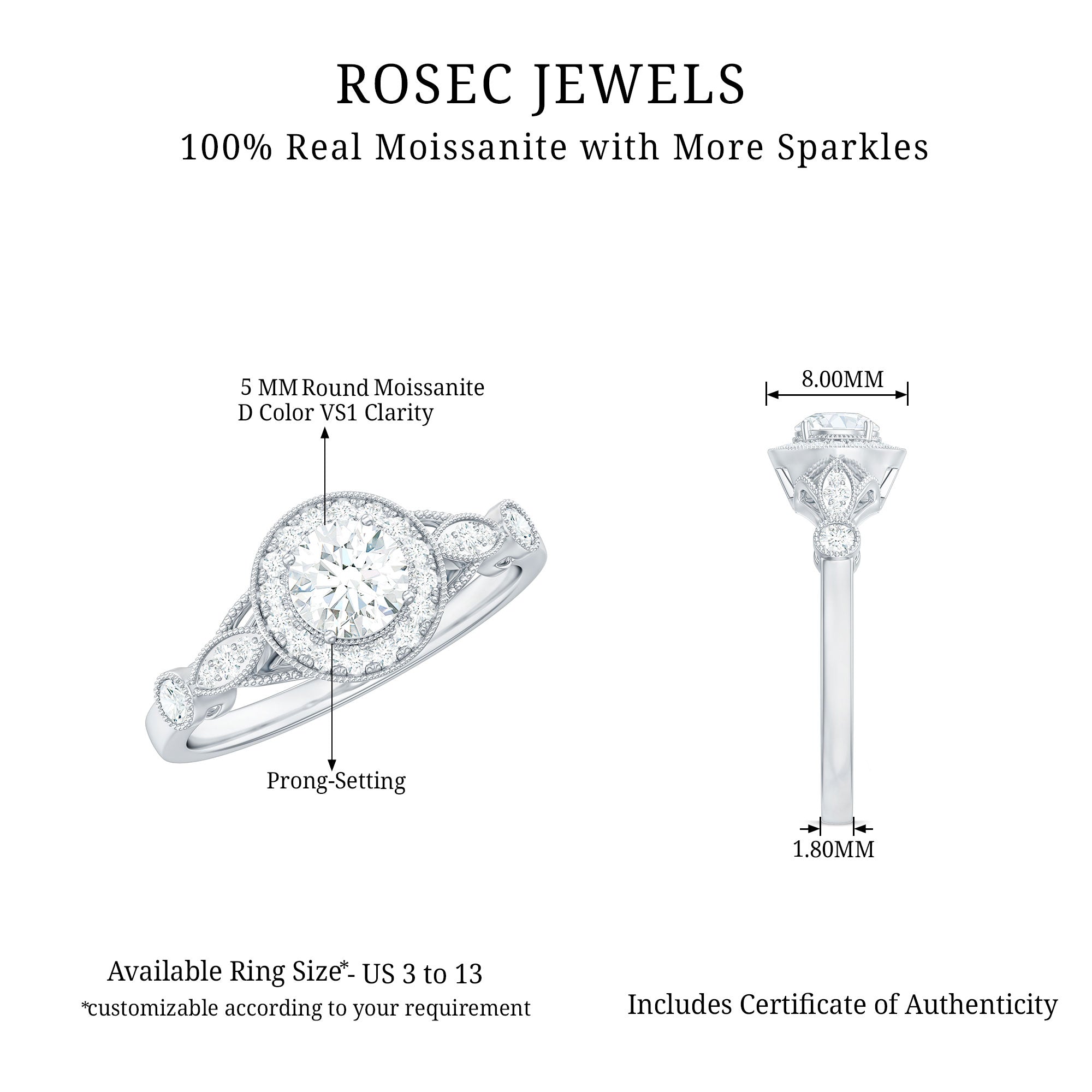 1 CT Round Cut Moissanite Engagement Ring Moissanite - ( D-VS1 ) - Color and Clarity - Rosec Jewels