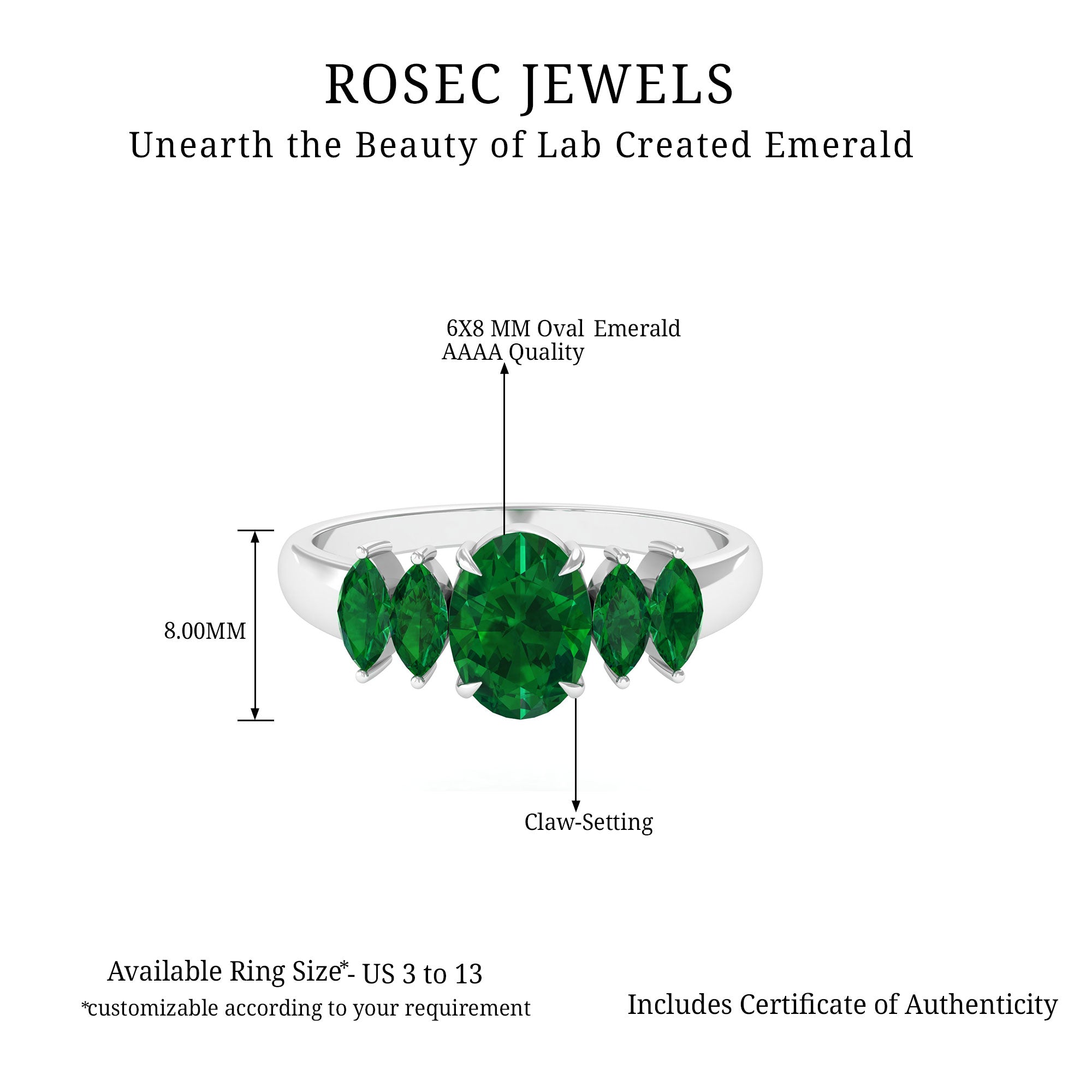 2 CT Oval and Marquise Cut Created Emerald Five Stone Ring Lab Created Emerald - ( AAAA ) - Quality - Rosec Jewels