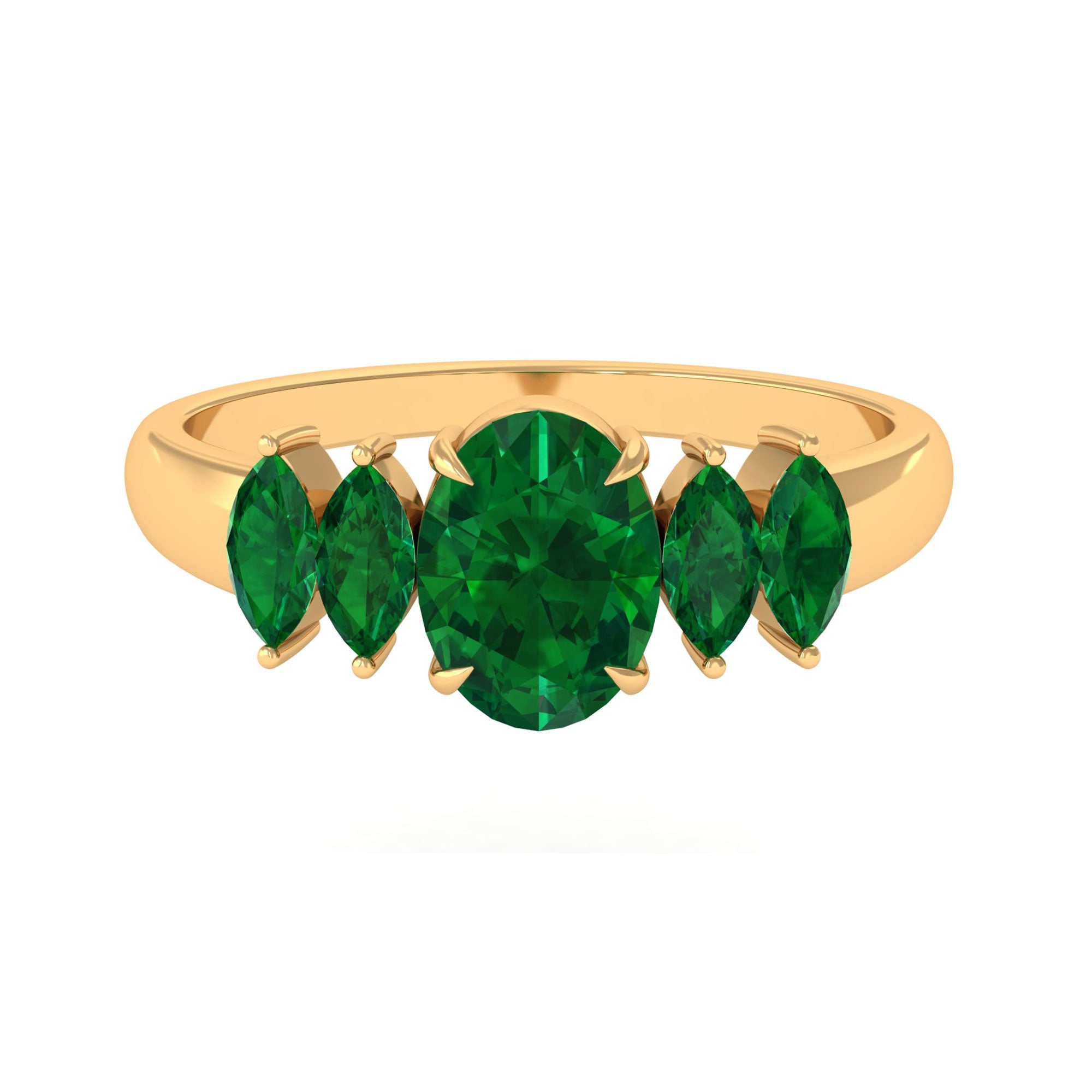 2 CT Oval and Marquise Cut Created Emerald Five Stone Ring Lab Created Emerald - ( AAAA ) - Quality - Rosec Jewels