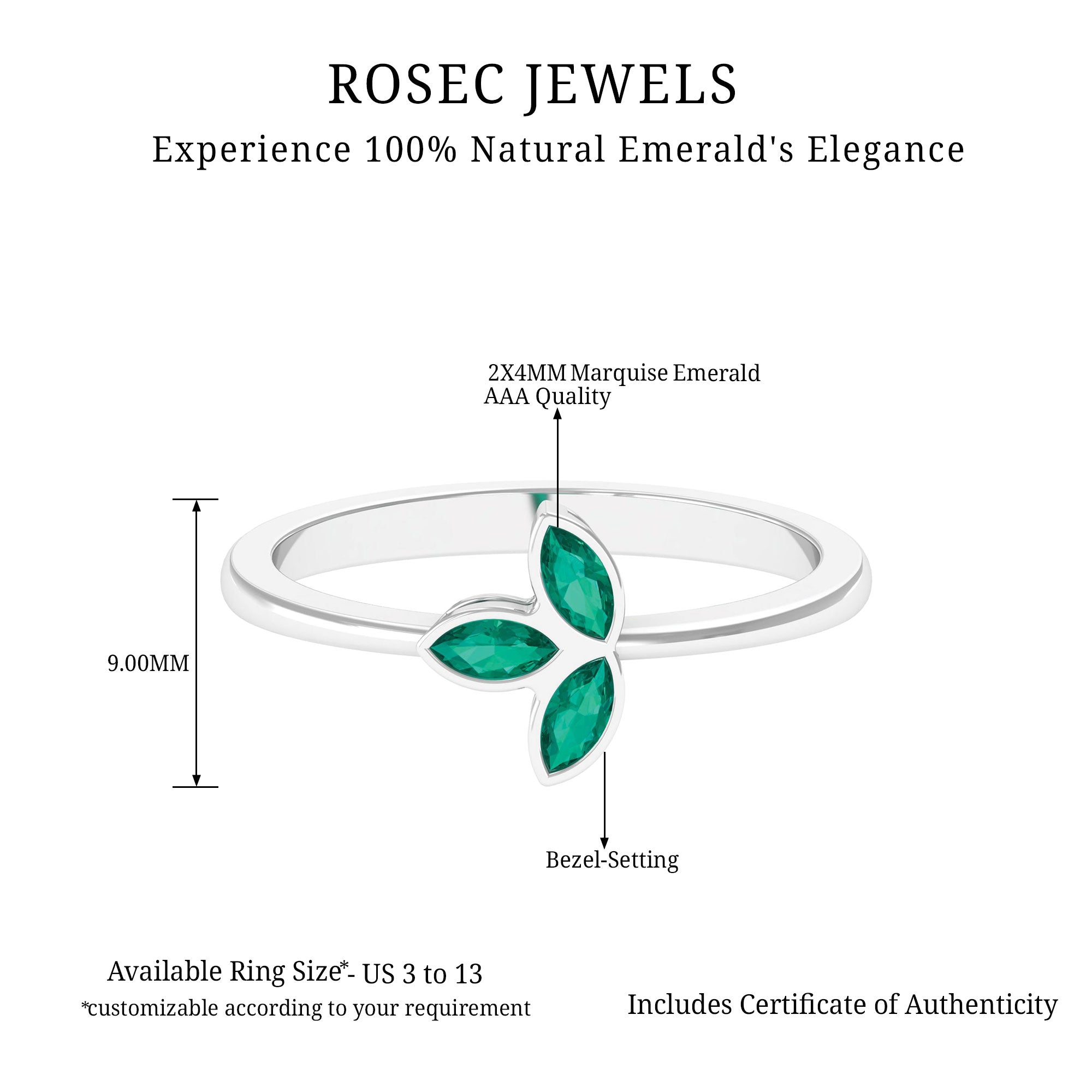 May Birthstone 1/2 CT Marquise Cut Emerald Petal Ring in Bezel Setting Emerald - ( AAA ) - Quality - Rosec Jewels