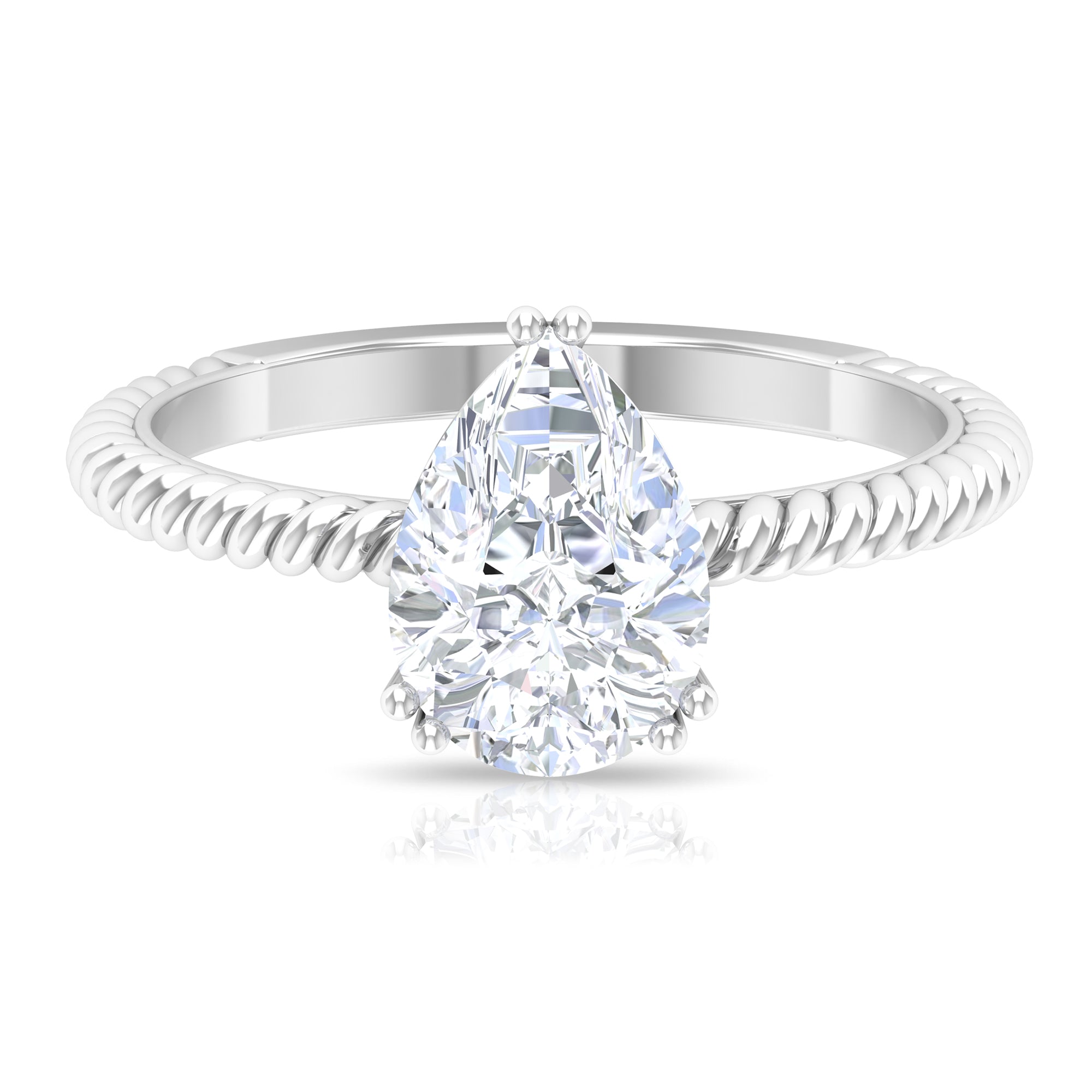 Rosec Jewels-10X7 MM V Scroll Set Pear Cut Moissanite Solitaire Ring with Twisted Rope Details