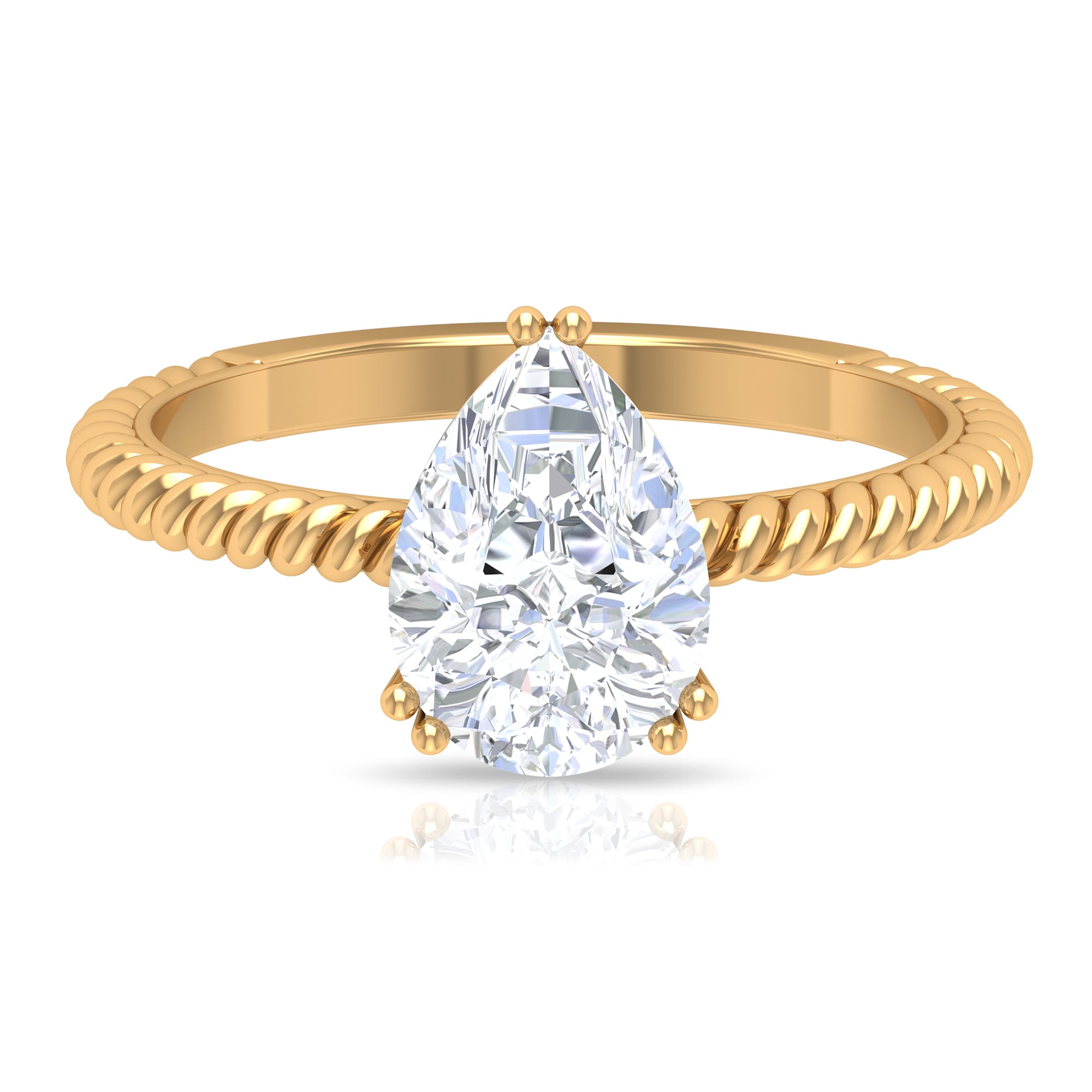 Rosec Jewels-10X7 MM V Scroll Set Pear Cut Moissanite Solitaire Ring with Twisted Rope Details