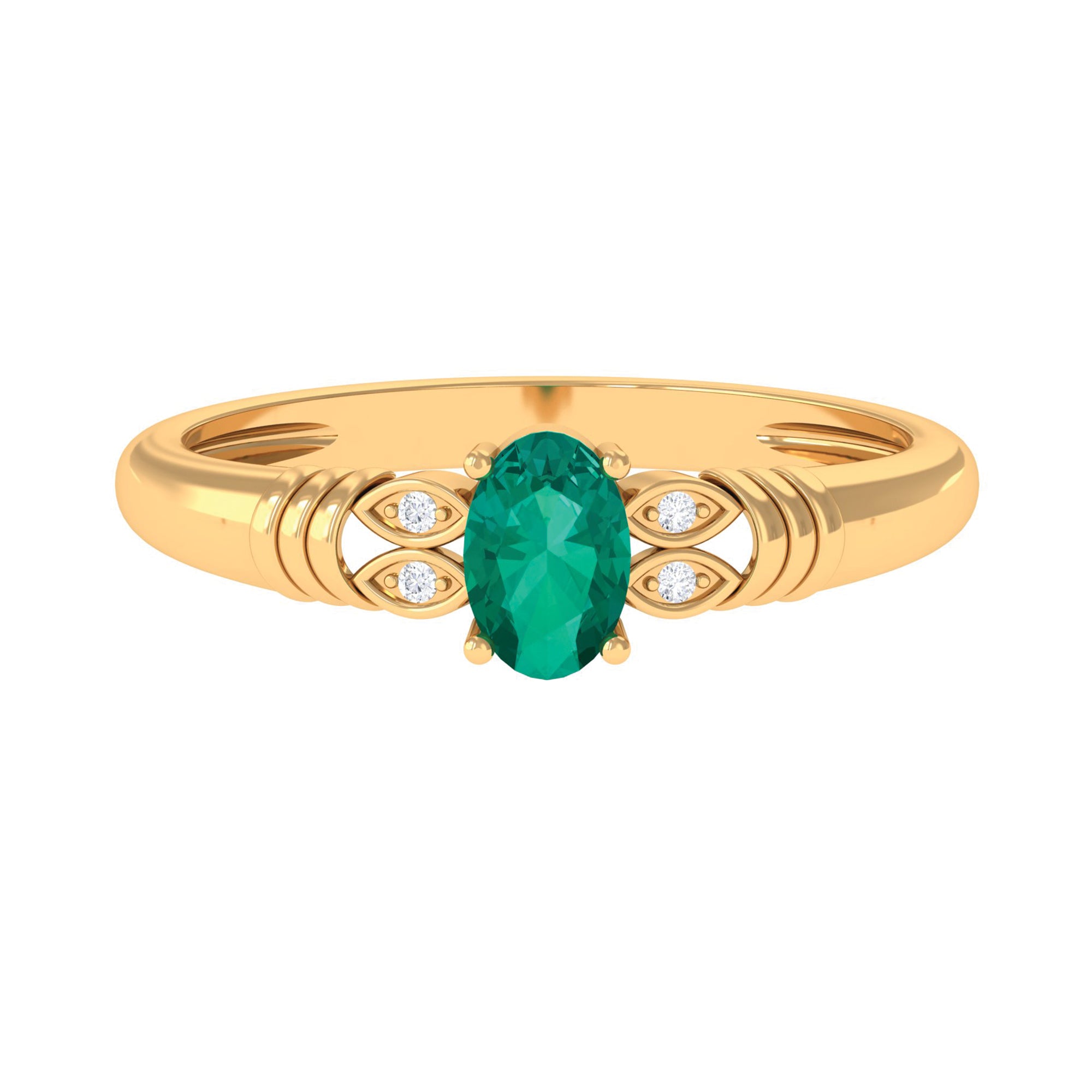 Oval Emerald Solitaire Engagement Ring with Diamond Emerald - ( AAA ) - Quality - Rosec Jewels