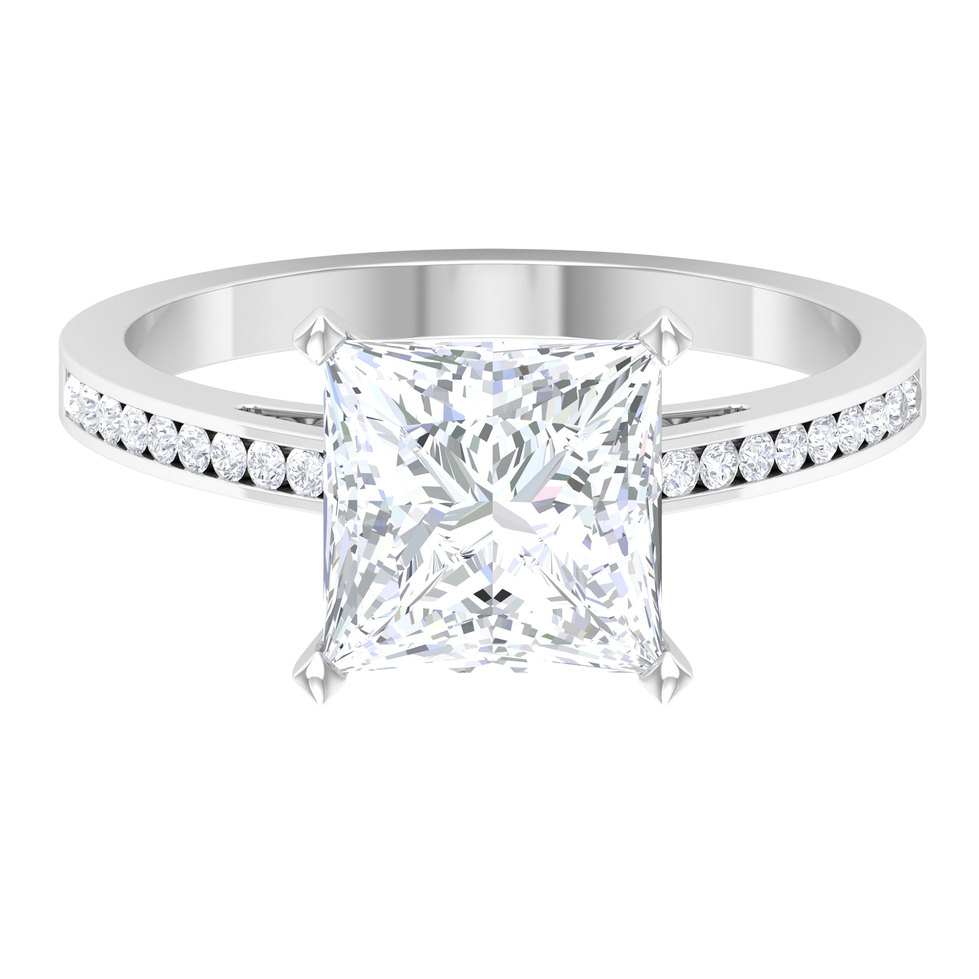 Rosec Jewels-3 CT Four Prong Set Solitaire Moissanite Ring with Channel Set Side Stones