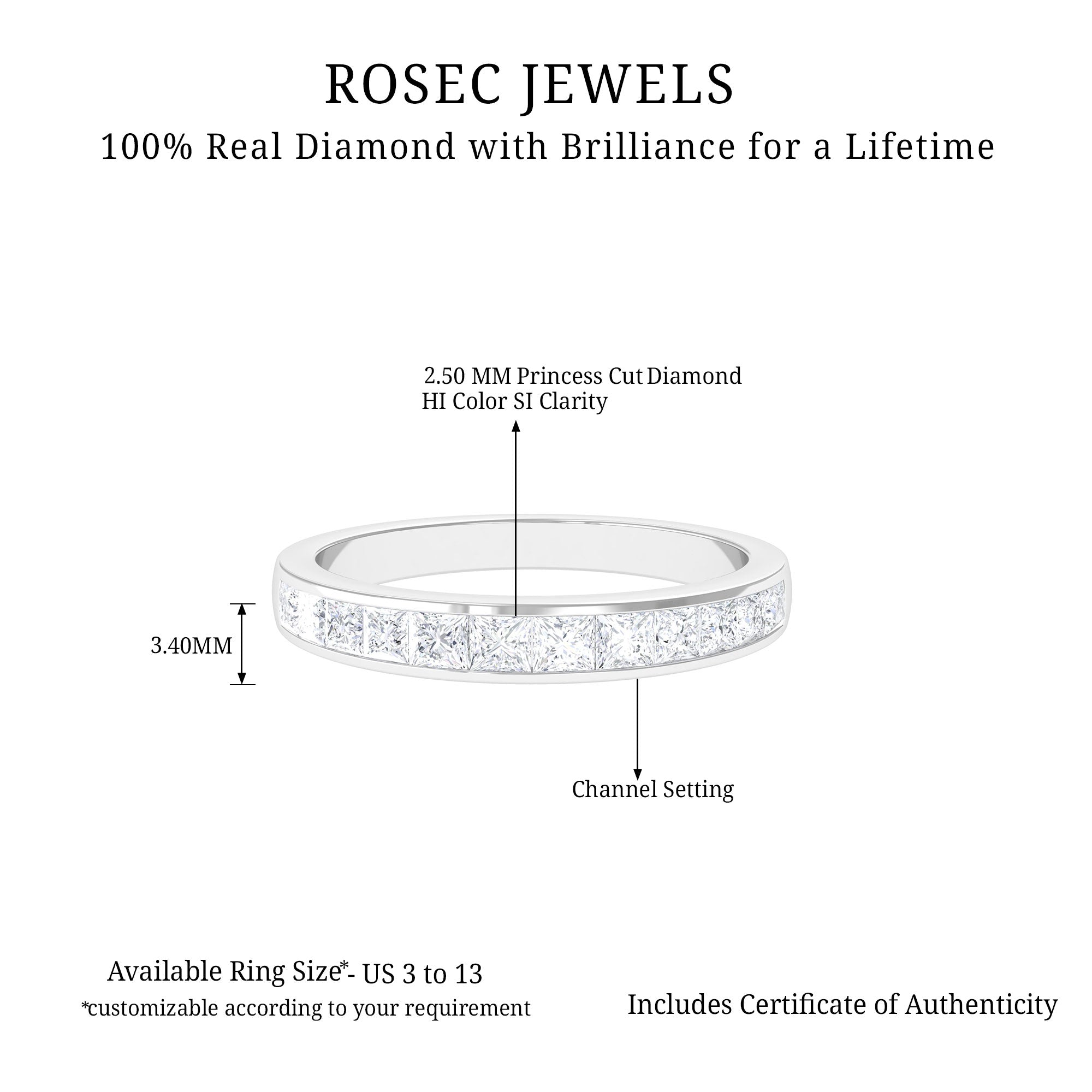 Princess Cut Diamond Semi Eternity Ring in Channel Setting Diamond - ( HI-SI ) - Color and Clarity - Rosec Jewels