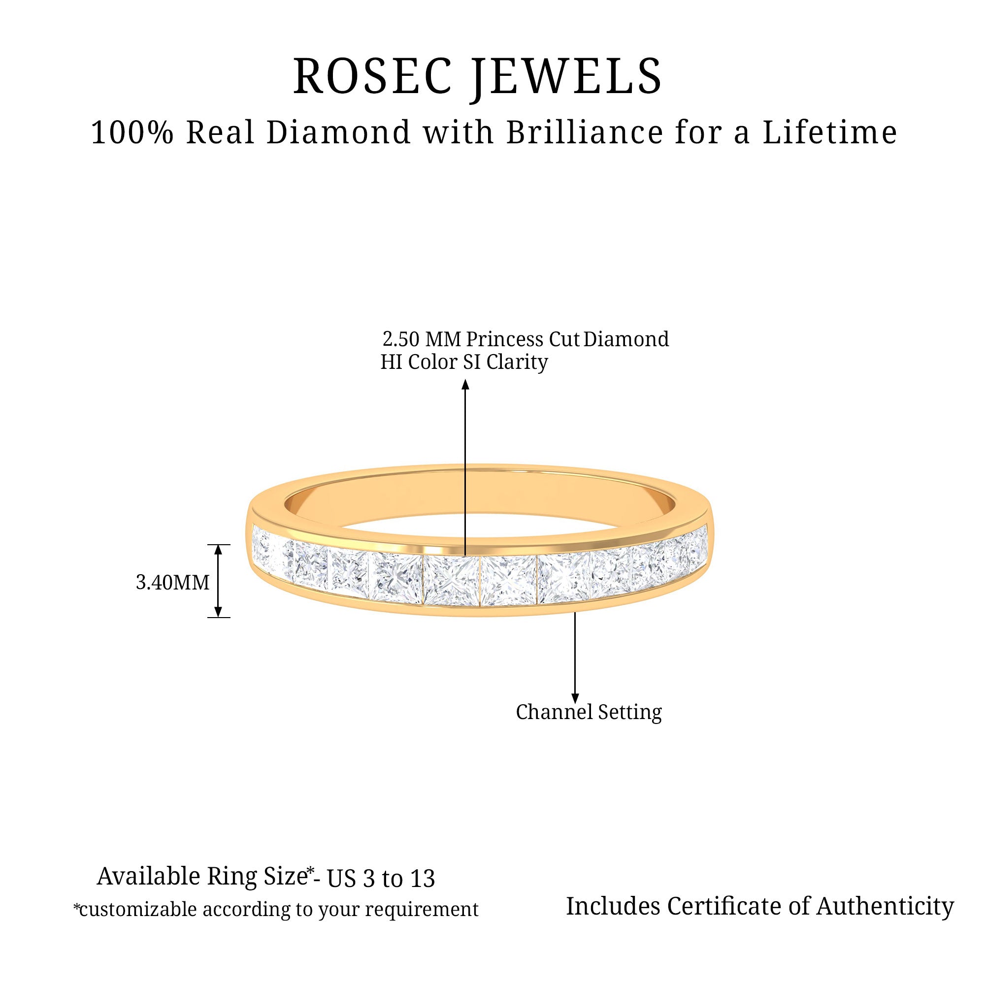 Princess Cut Diamond Semi Eternity Ring in Channel Setting Diamond - ( HI-SI ) - Color and Clarity - Rosec Jewels