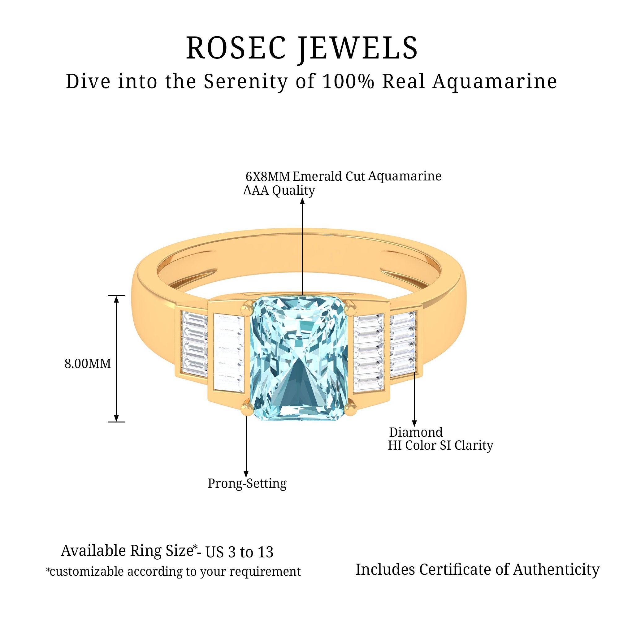 Octagon Cut Aquamarine Statement Engagement Ring with Diamond Accent Aquamarine - ( AAA ) - Quality - Rosec Jewels