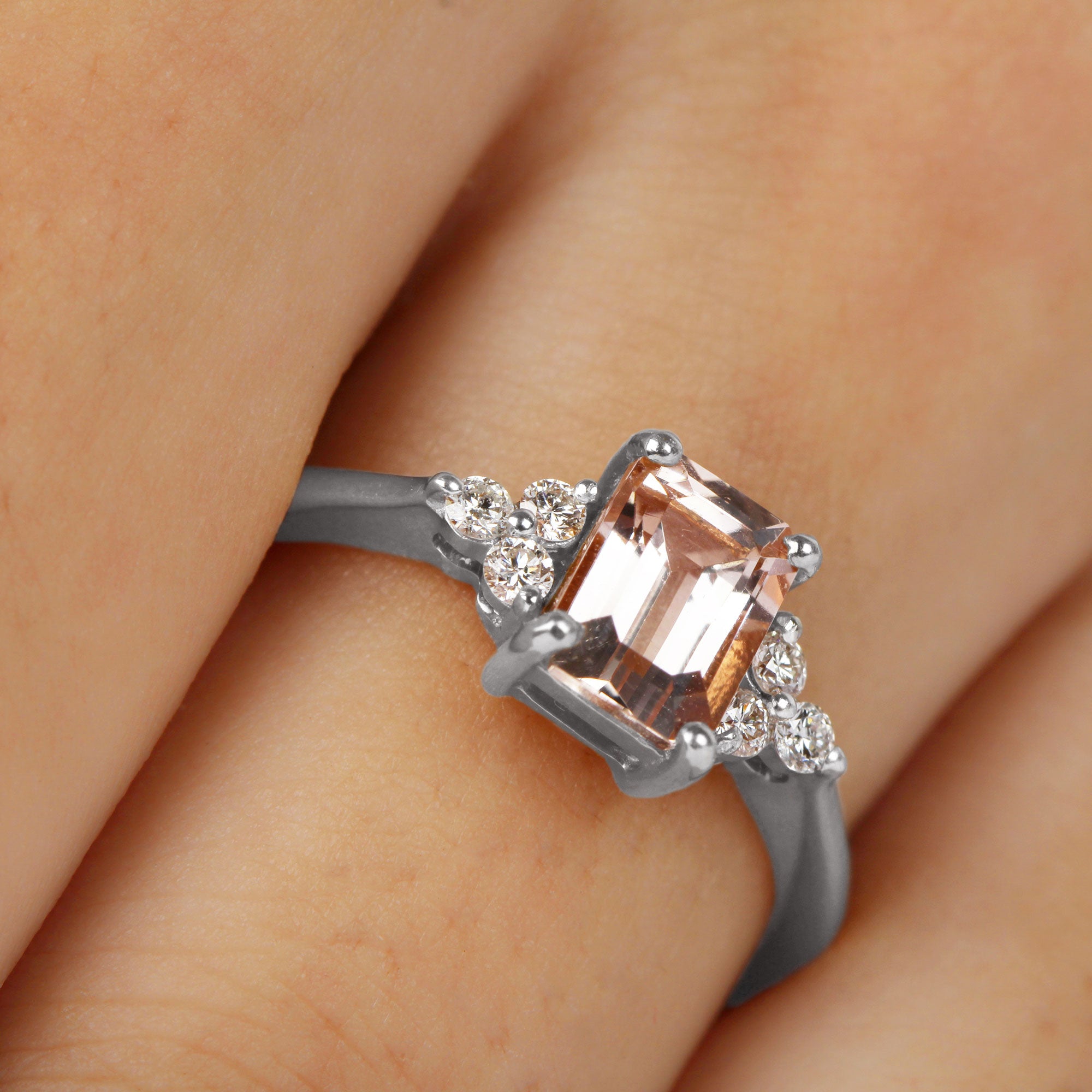 Emerald Cut Morganite Solitaire Engagement Ring with Diamond Trio Morganite - ( AAA ) - Quality - Rosec Jewels