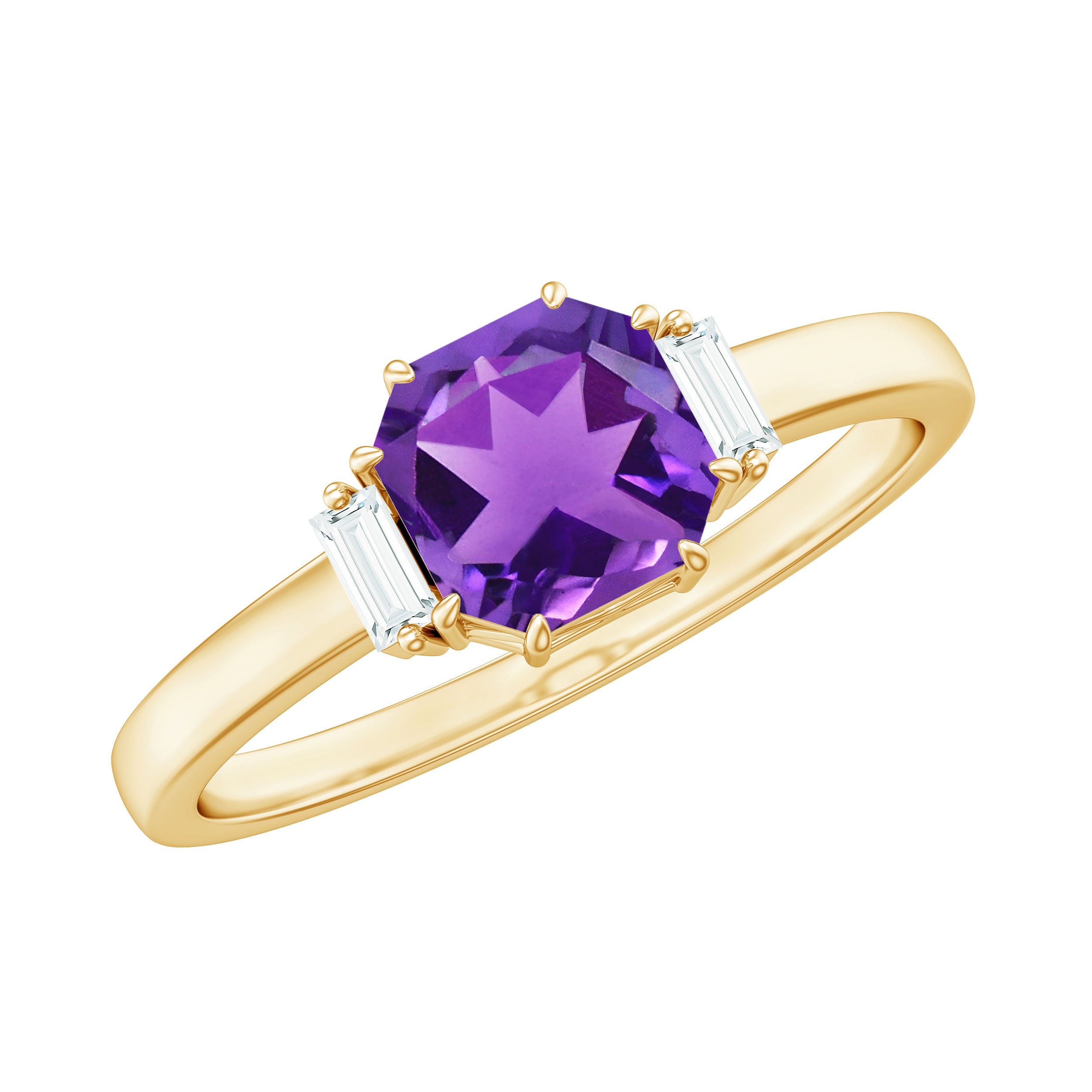 Claw Set Asscher Cut Amethyst Solitaire Ring with Diamond Amethyst - ( AAA ) - Quality - Rosec Jewels