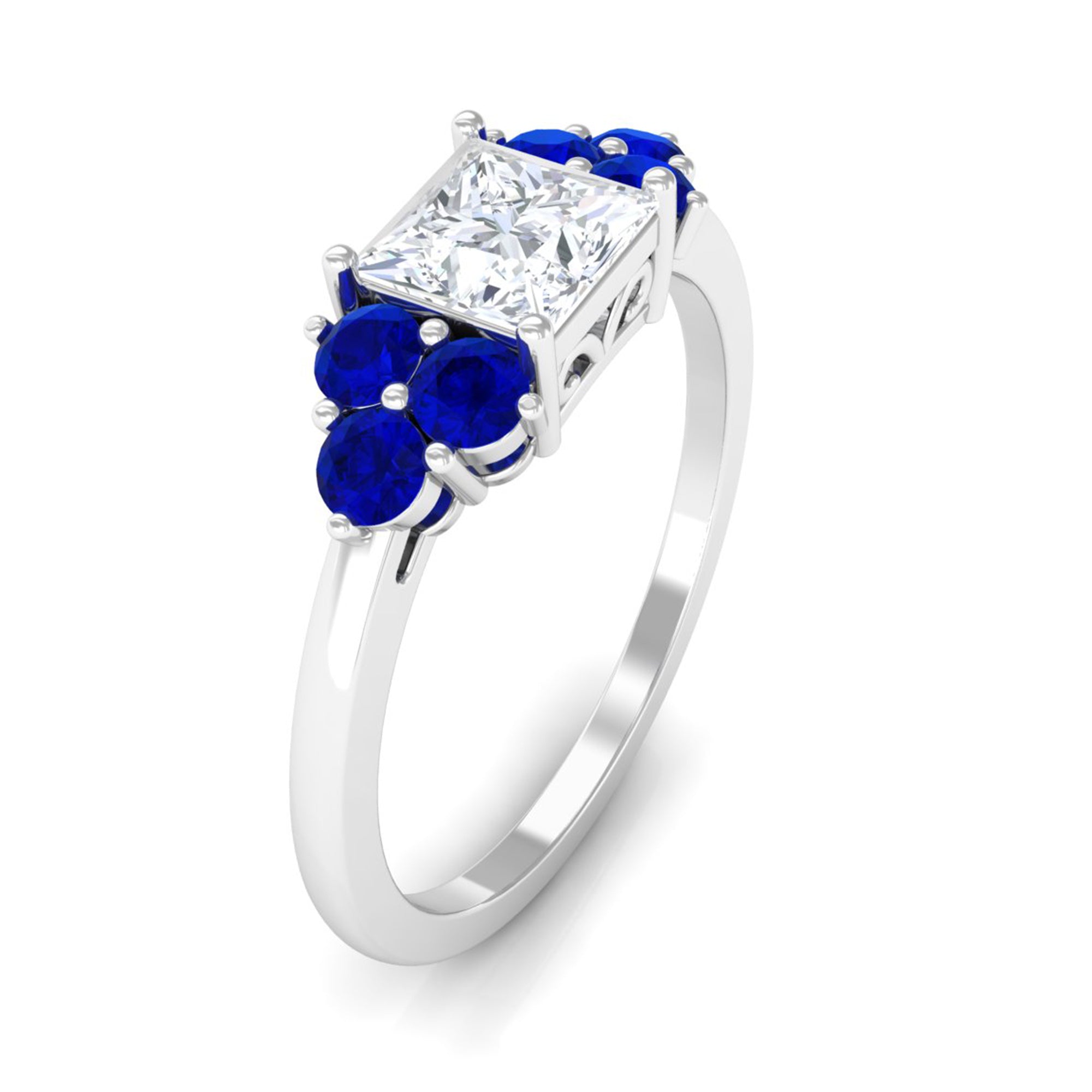 Rosec Jewels-Moissanite Princess Cut Engagement Ring With Lab Grown Blue Sapphire Side Stone