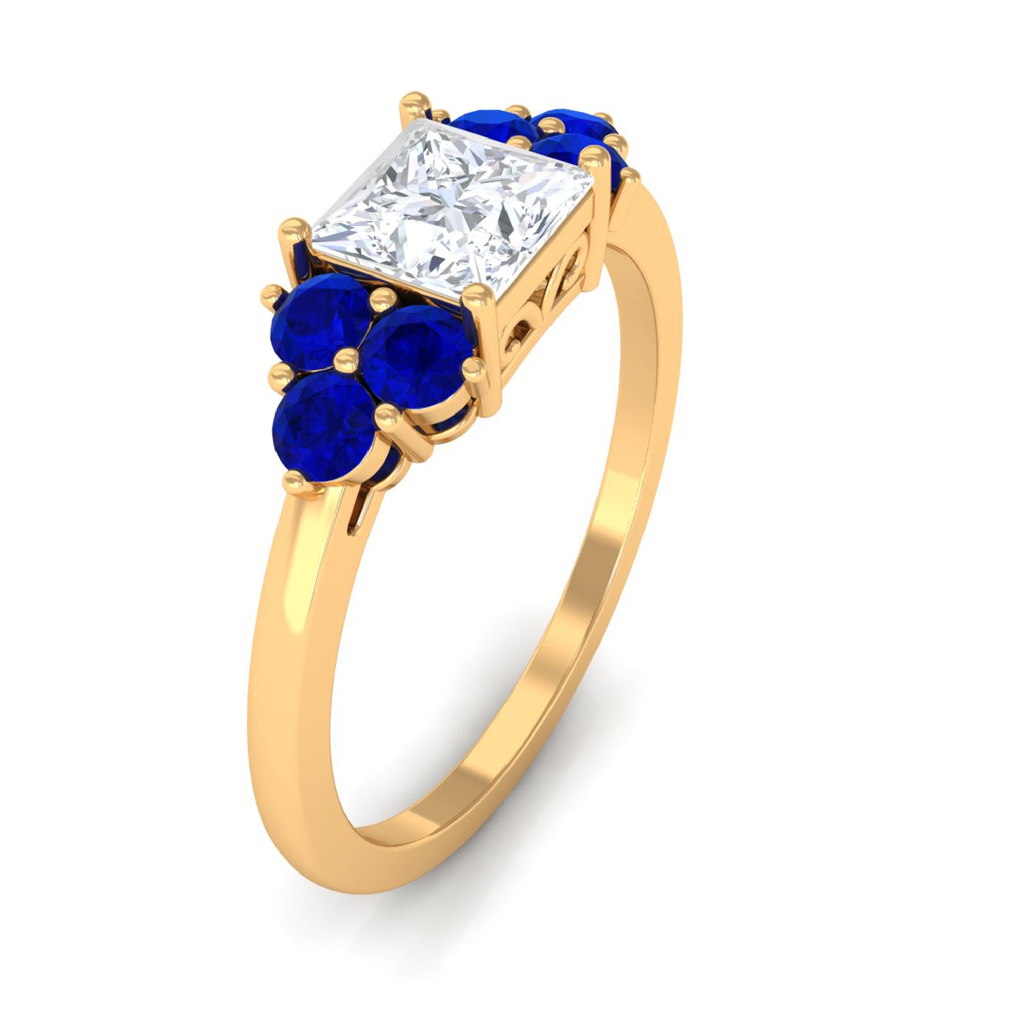 Rosec Jewels-Moissanite Princess Cut Engagement Ring With Lab Grown Blue Sapphire Side Stone