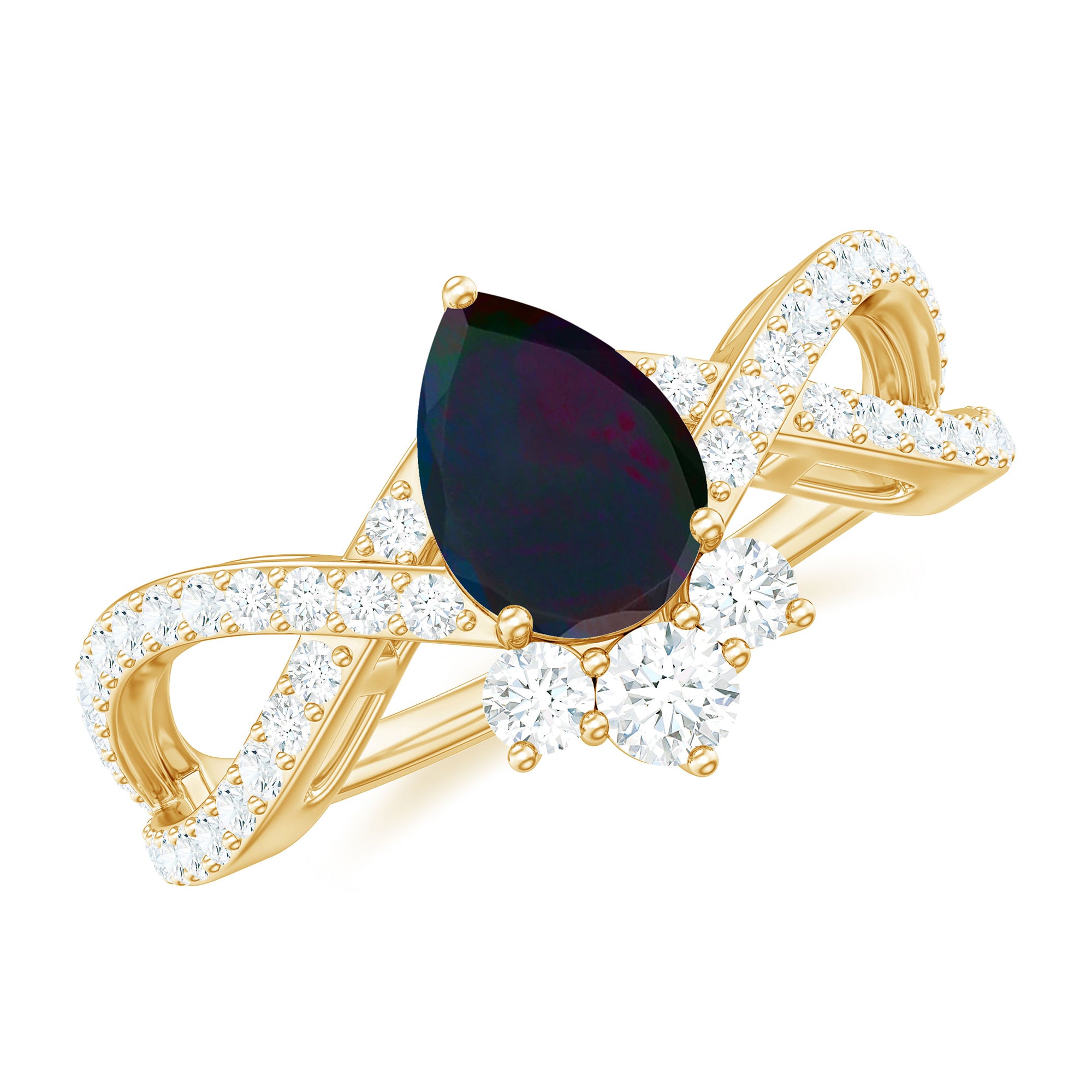 Designer Black Opal Teardrop Crossover Ring with Diamond Black Opal - ( AAA ) - Quality - Rosec Jewels