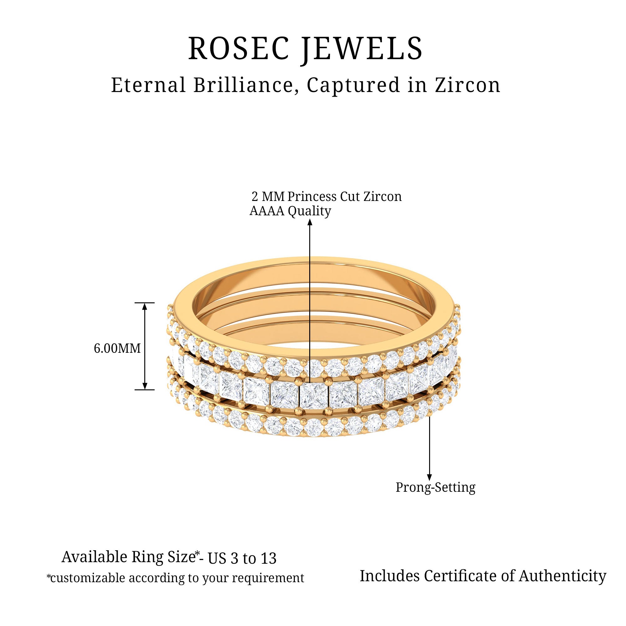 Zircon Stackable Band Ring Set of 3 Zircon - ( AAAA ) - Quality - Rosec Jewels