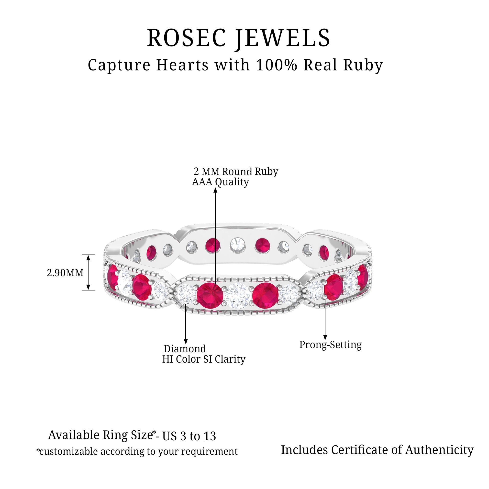 Ruby and Diamond Band Ring with Milgrain Details Ruby - ( AAA ) - Quality - Rosec Jewels