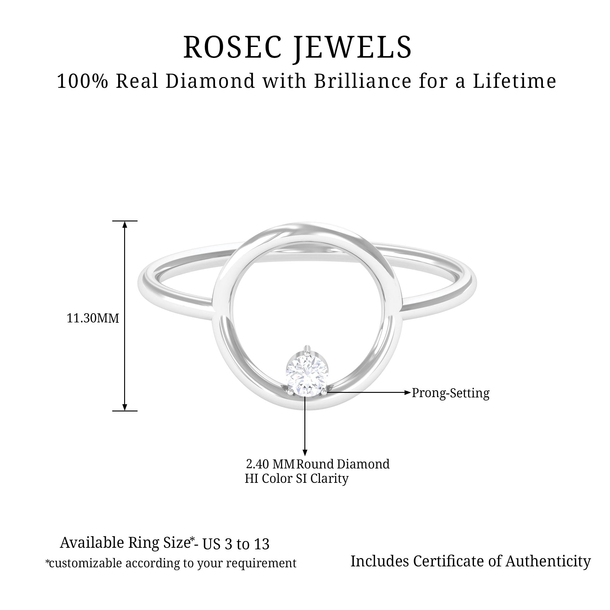 Diamond and Gold Open Circle Ring for Women Diamond - ( HI-SI ) - Color and Clarity - Rosec Jewels