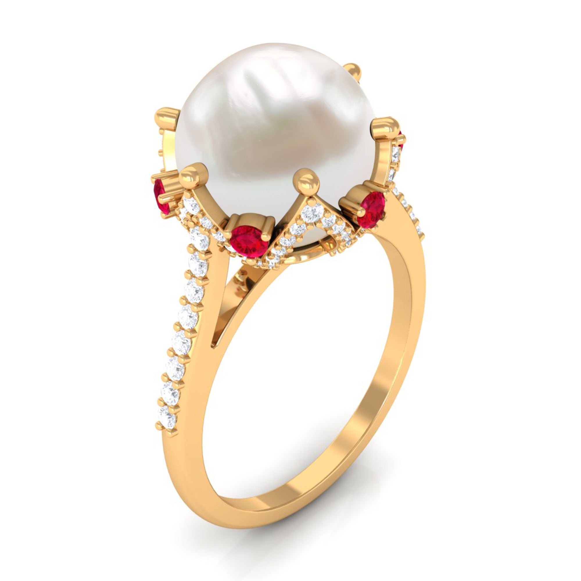 Freshwater Pearl and Created Ruby Cocktail Ring with Moissanite Accent Freshwater Pearl - ( AAA ) - Quality - Rosec Jewels