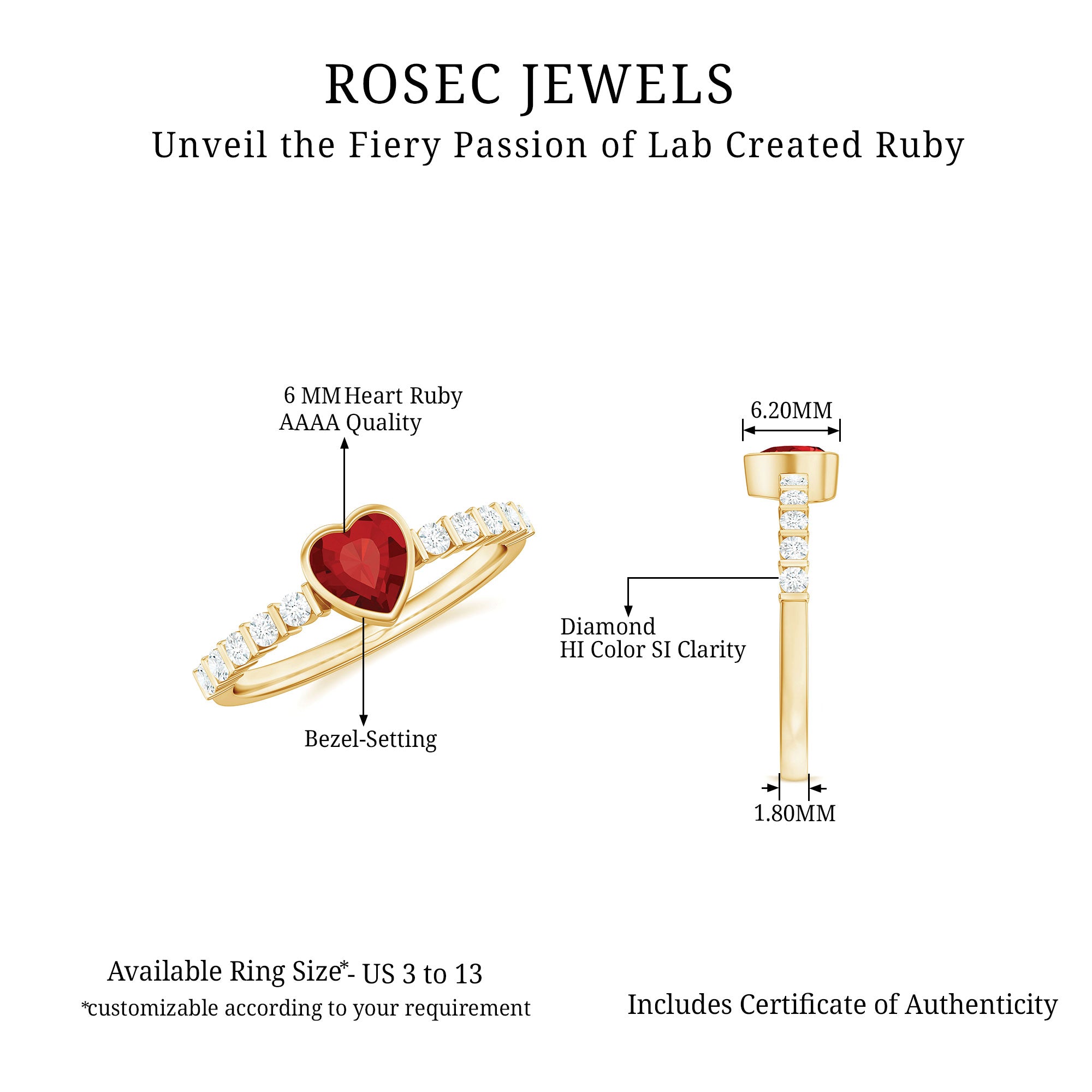 1 CT Heart Shape Created Ruby Solitaire Engagement Ring with Diamond Lab Created Ruby - ( AAAA ) - Quality - Rosec Jewels