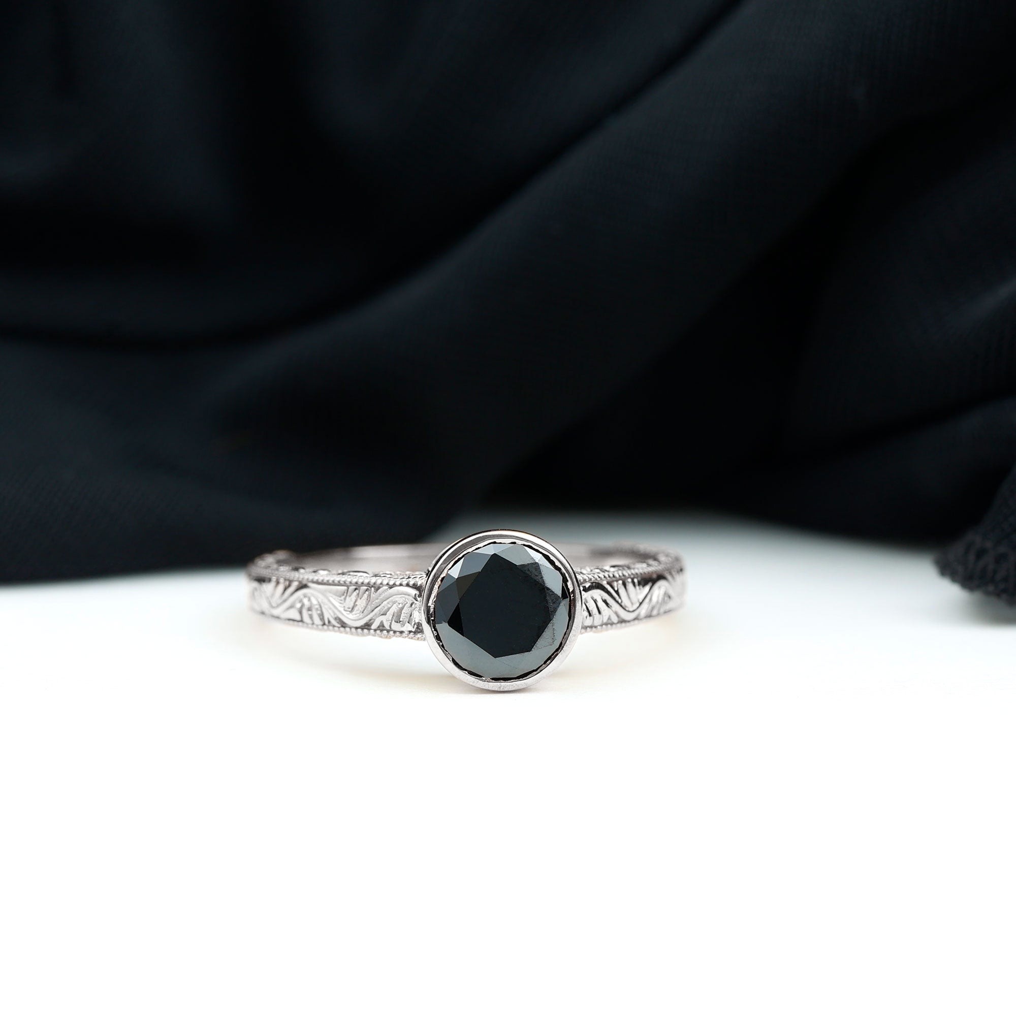 Bezel Set Lab Grown Black Diamond Solitaire Ring with Engraved Detailing Lab Created Black Diamond - ( AAAA ) - Quality - Rosec Jewels