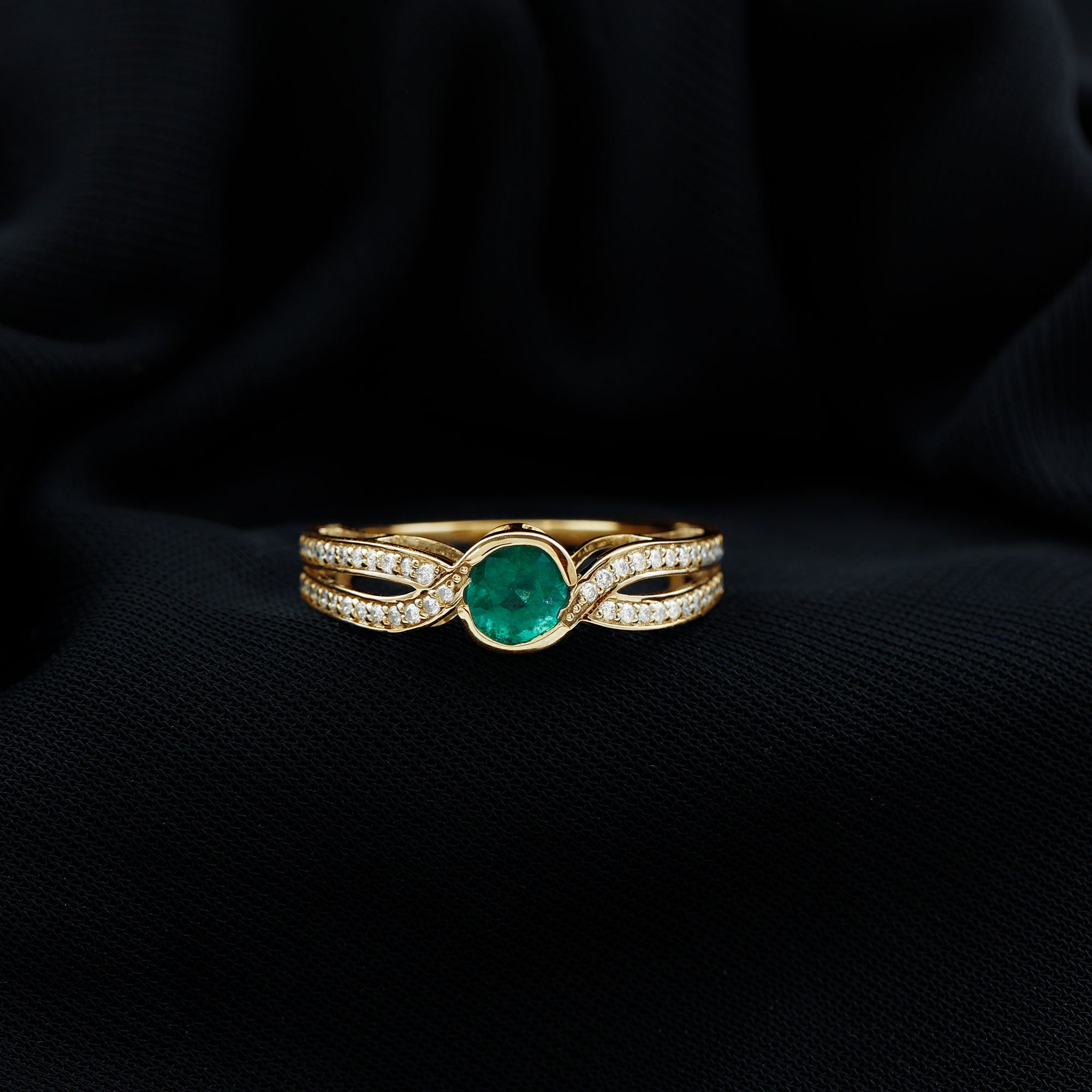 Emerald and Diamond Solitaire Bypass Ring Emerald - ( AAA ) - Quality - Rosec Jewels