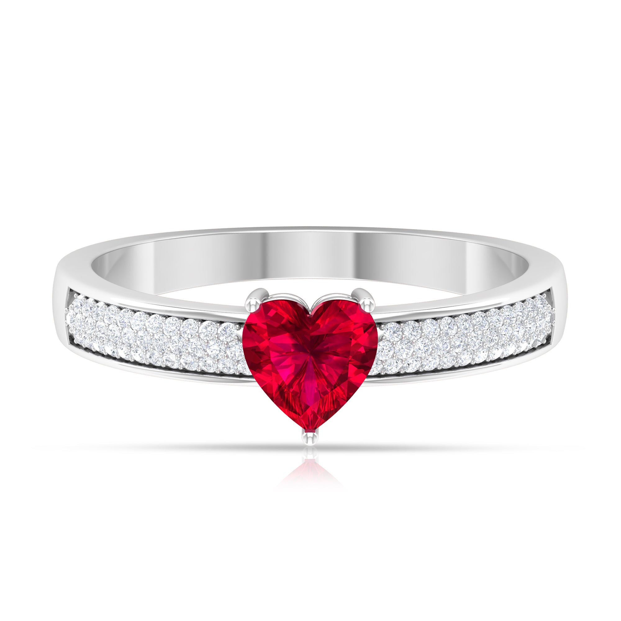 Ruby Heart Engagement Ring with Pave Diamond Ruby - ( AAA ) - Quality - Rosec Jewels