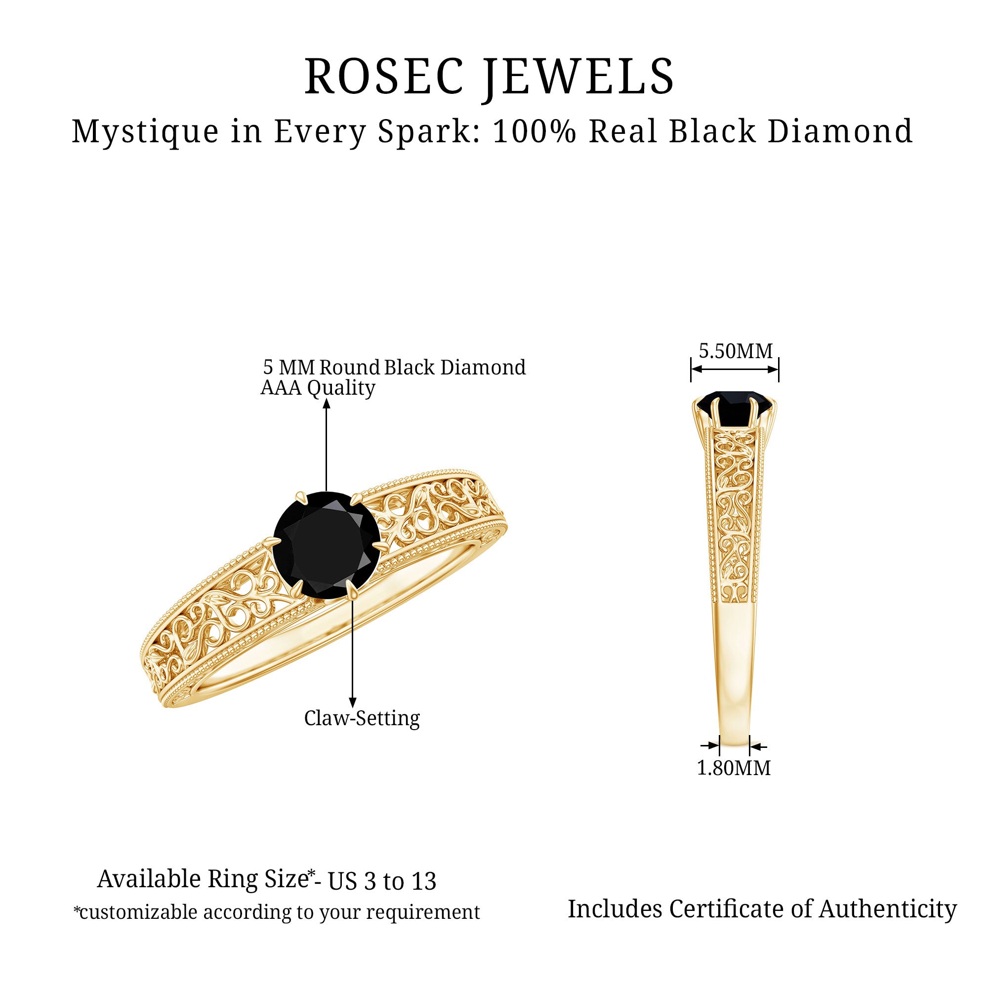 5 MM Round Cut Black Diamond Solitaire Gold Filigree Ring Black Diamond - ( AAA ) - Quality - Rosec Jewels