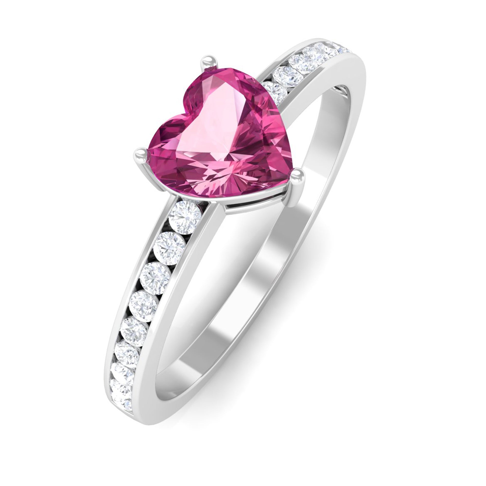 1 CT Heart Shape Pink Tourmaline Solitaire Ring with Diamond Side Stones Pink Tourmaline - ( AAA ) - Quality - Rosec Jewels