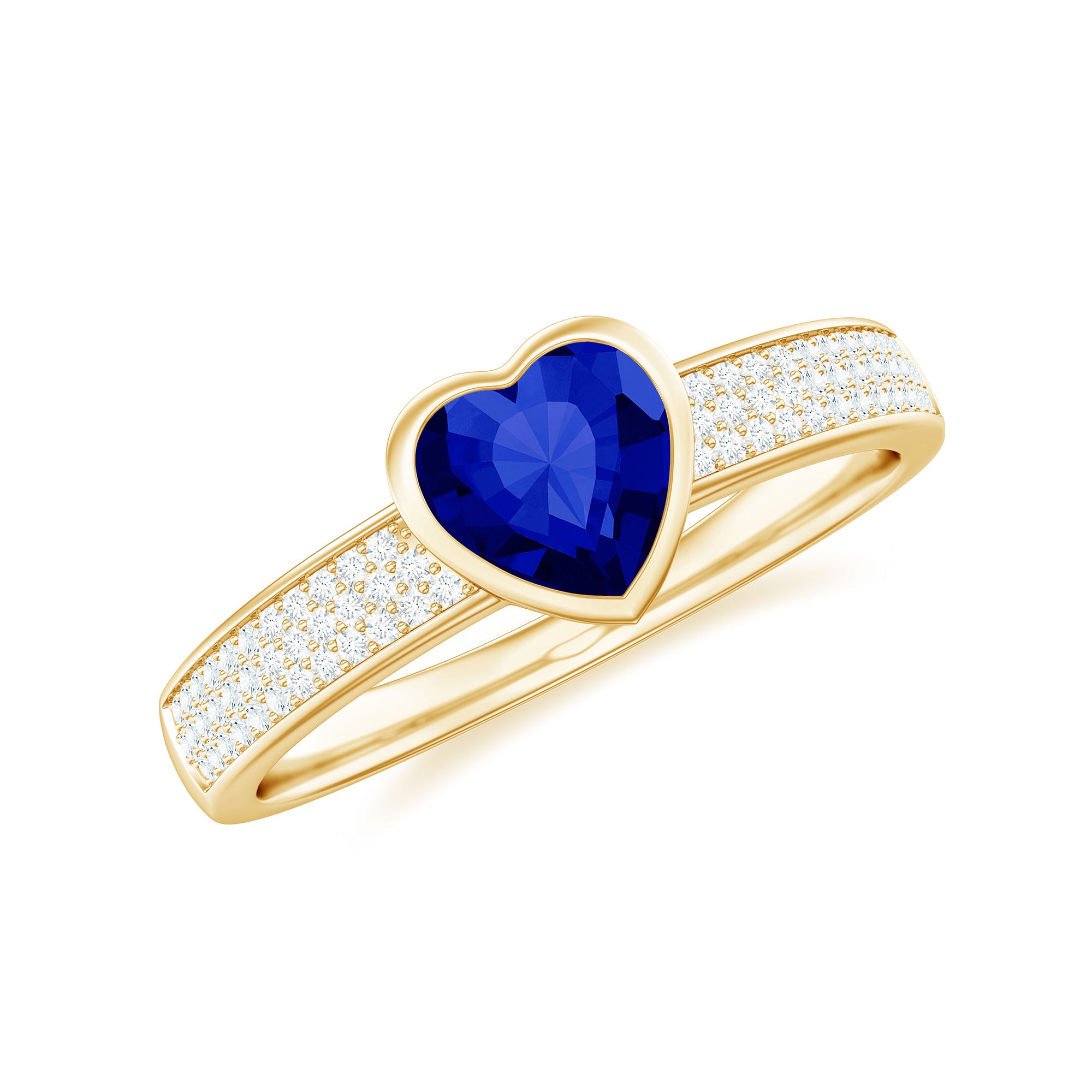 Heart Shape Created Blue Sapphire Solitaire Ring with Diamond Side Stone Lab Created Blue Sapphire - ( AAAA ) - Quality - Rosec Jewels