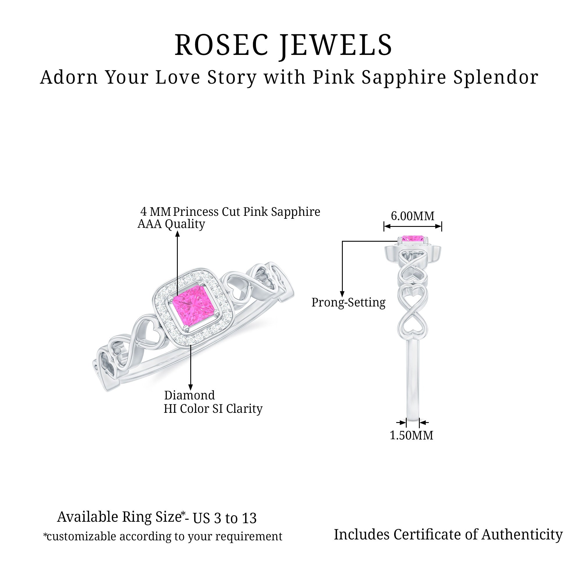 Princess Cut Pink Sapphire and Diamond Halo Promise Ring in Infinity Shank Pink Sapphire - ( AAA ) - Quality - Rosec Jewels