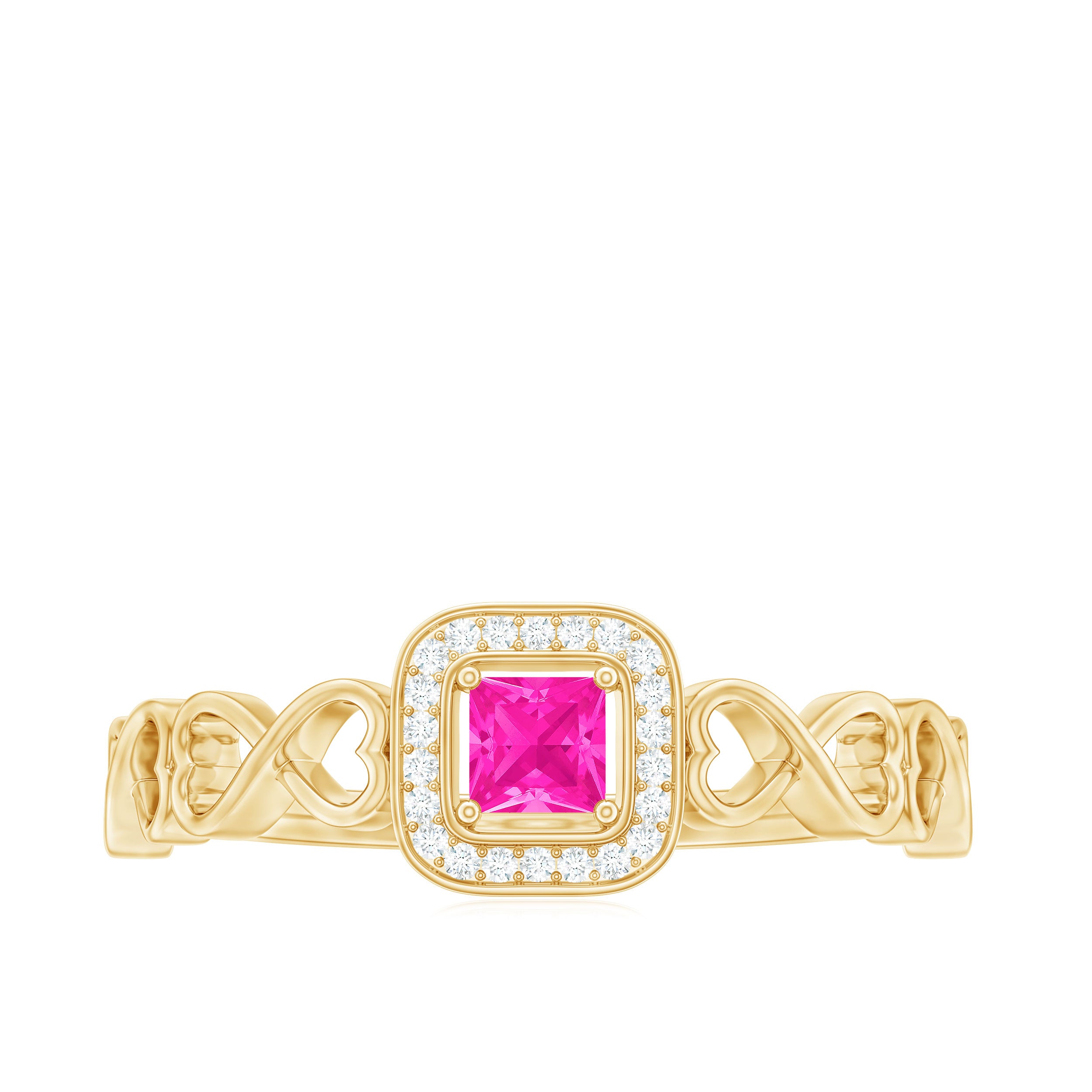 Princess Cut Pink Sapphire and Diamond Halo Promise Ring in Infinity Shank Pink Sapphire - ( AAA ) - Quality - Rosec Jewels