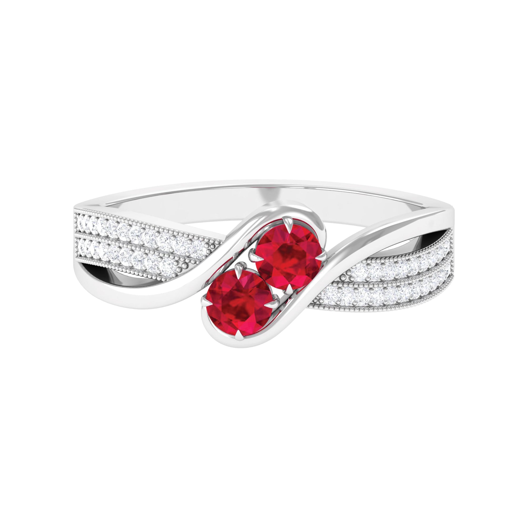 Two Stone Ruby Bypass Engagement Ring with Diamond Ruby - ( AAA ) - Quality - Rosec Jewels