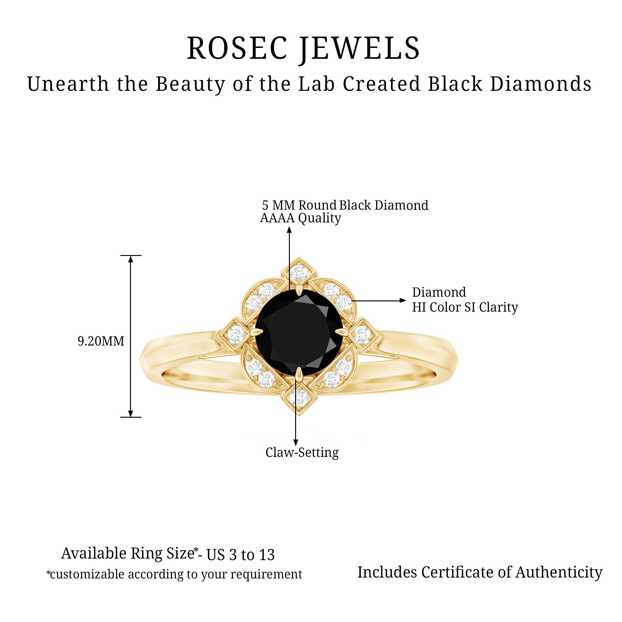 1 CT Vintage Created Black Diamond Engagement Ring Lab Created Black Diamond - ( AAAA ) - Quality - Rosec Jewels