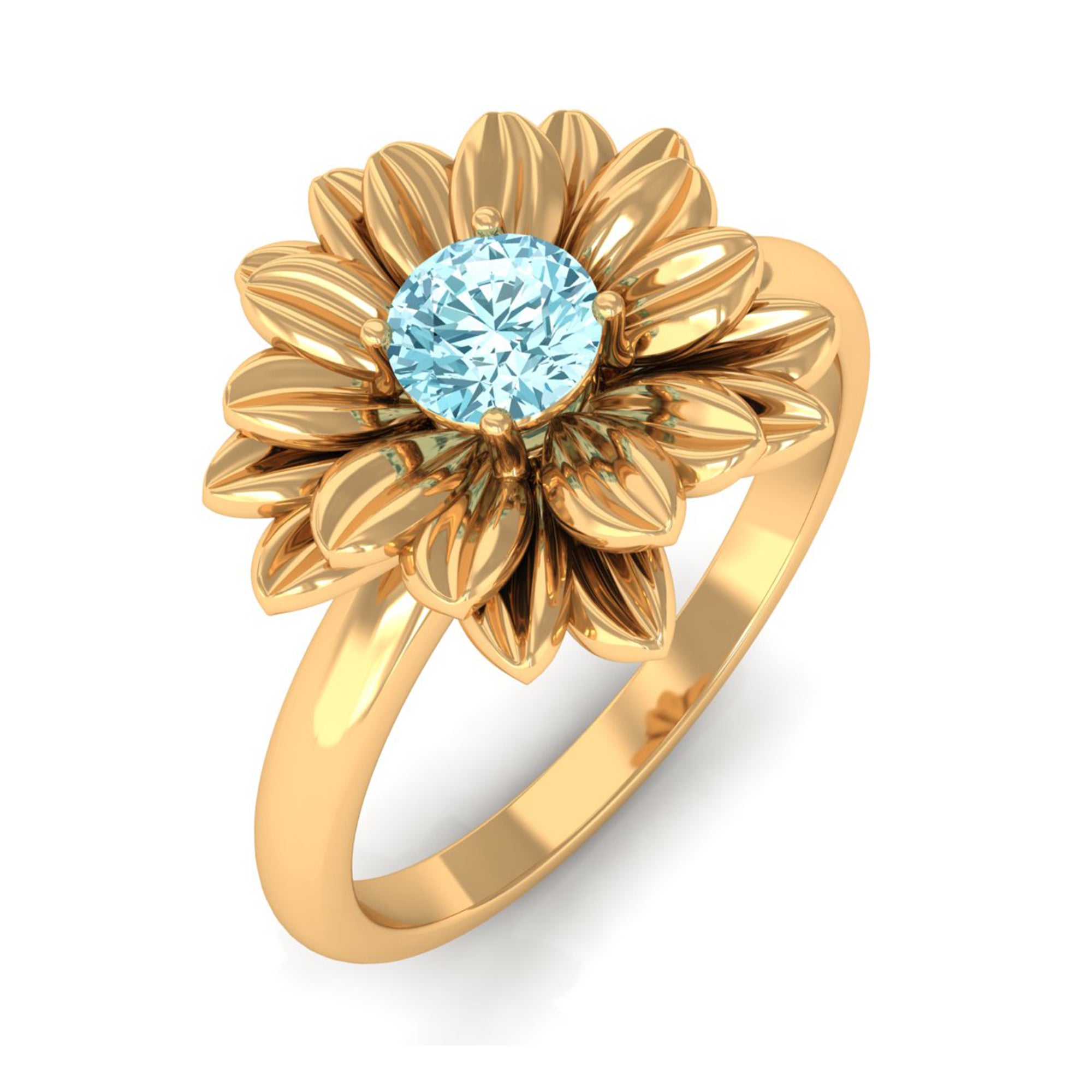 1/4 CT Round Cut Real Aquamarine and Gold Flower Ring Aquamarine - ( AAA ) - Quality - Rosec Jewels