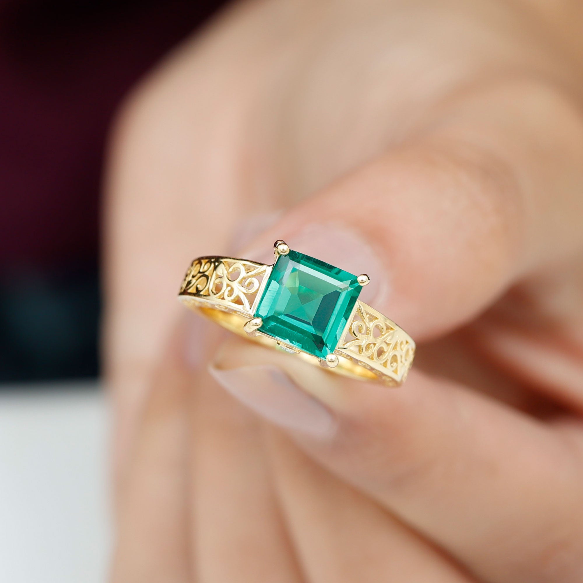 Princess Cut Lab Grown Emerald Filigree Ring with Surprise Diamond Lab Created Emerald - ( AAAA ) - Quality - Rosec Jewels