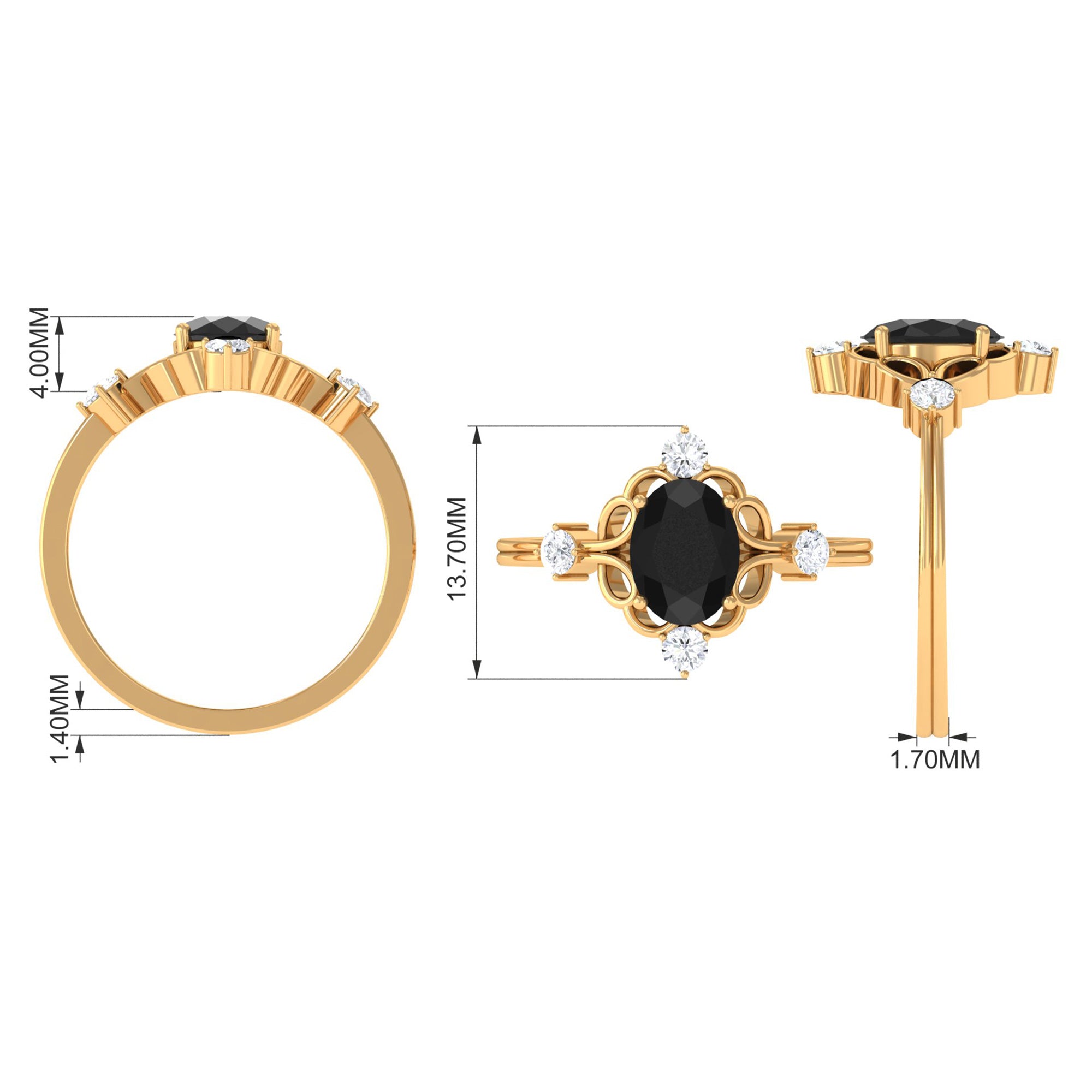 Oval Black Spinel Cocktail Ring with Diamond Black Spinel - ( AAA ) - Quality - Rosec Jewels