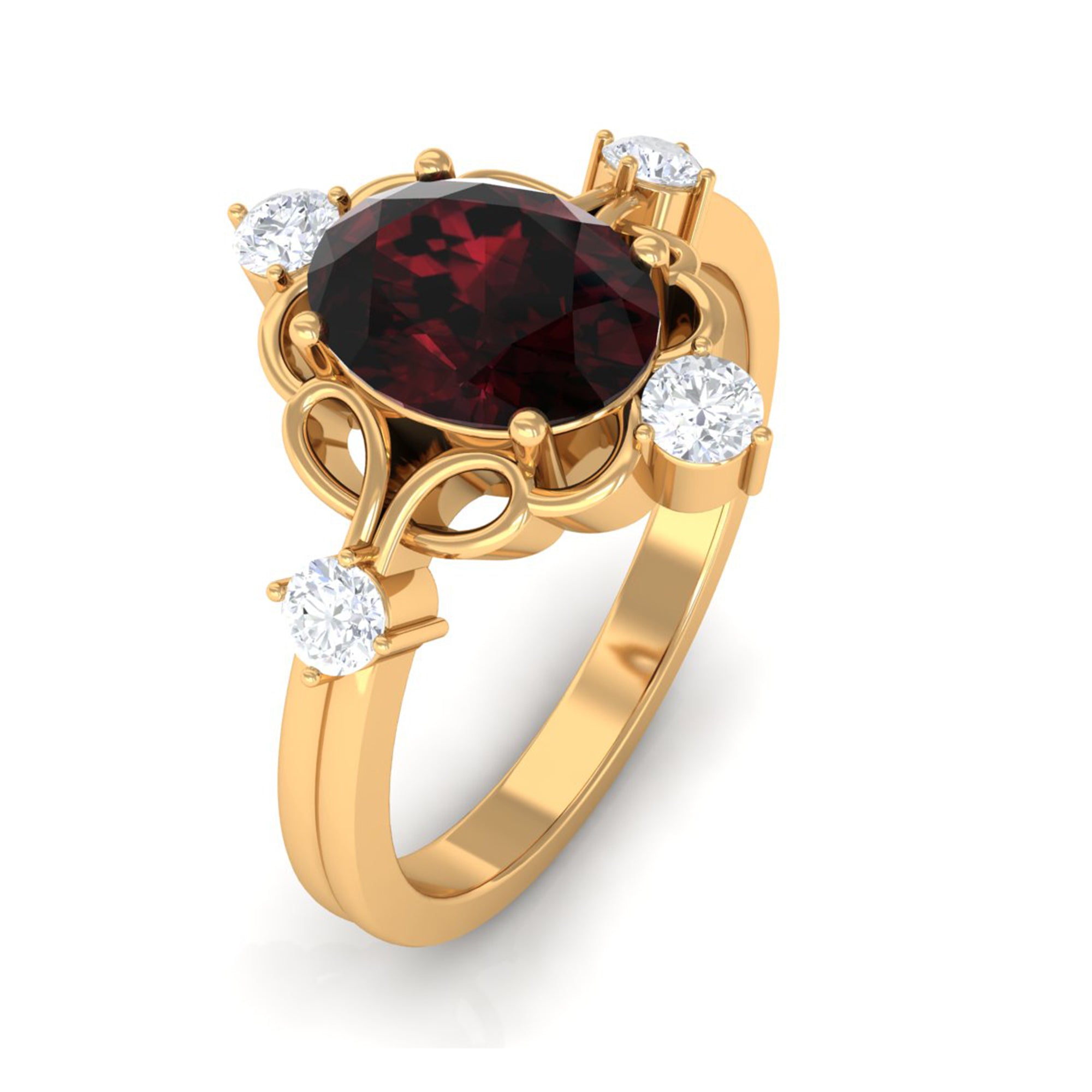 Oval Garnet Cocktail Ring with Diamond Garnet - ( AAA ) - Quality - Rosec Jewels