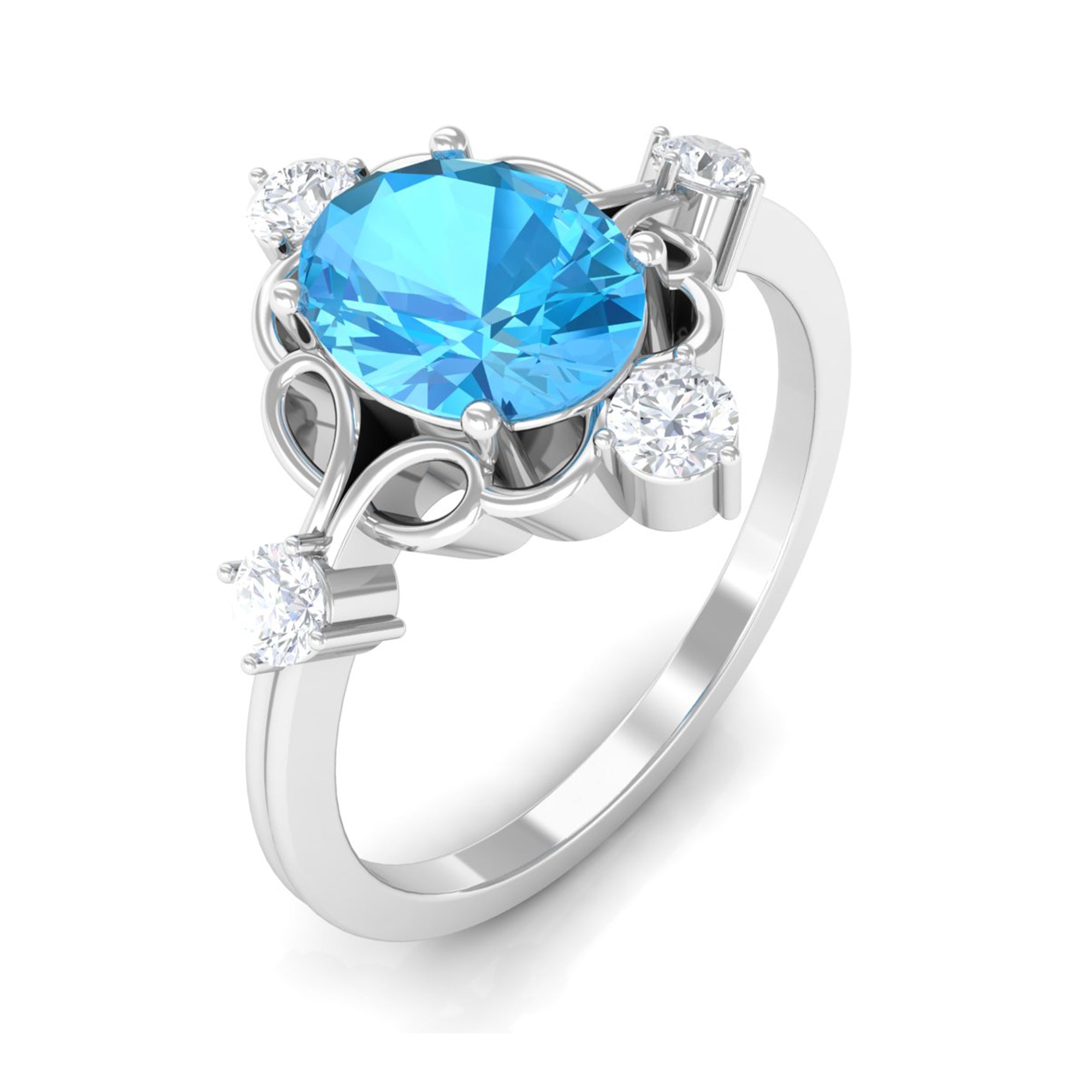 Oval Swiss Blue Topaz Cocktail Ring with Diamond Swiss Blue Topaz - ( AAA ) - Quality - Rosec Jewels