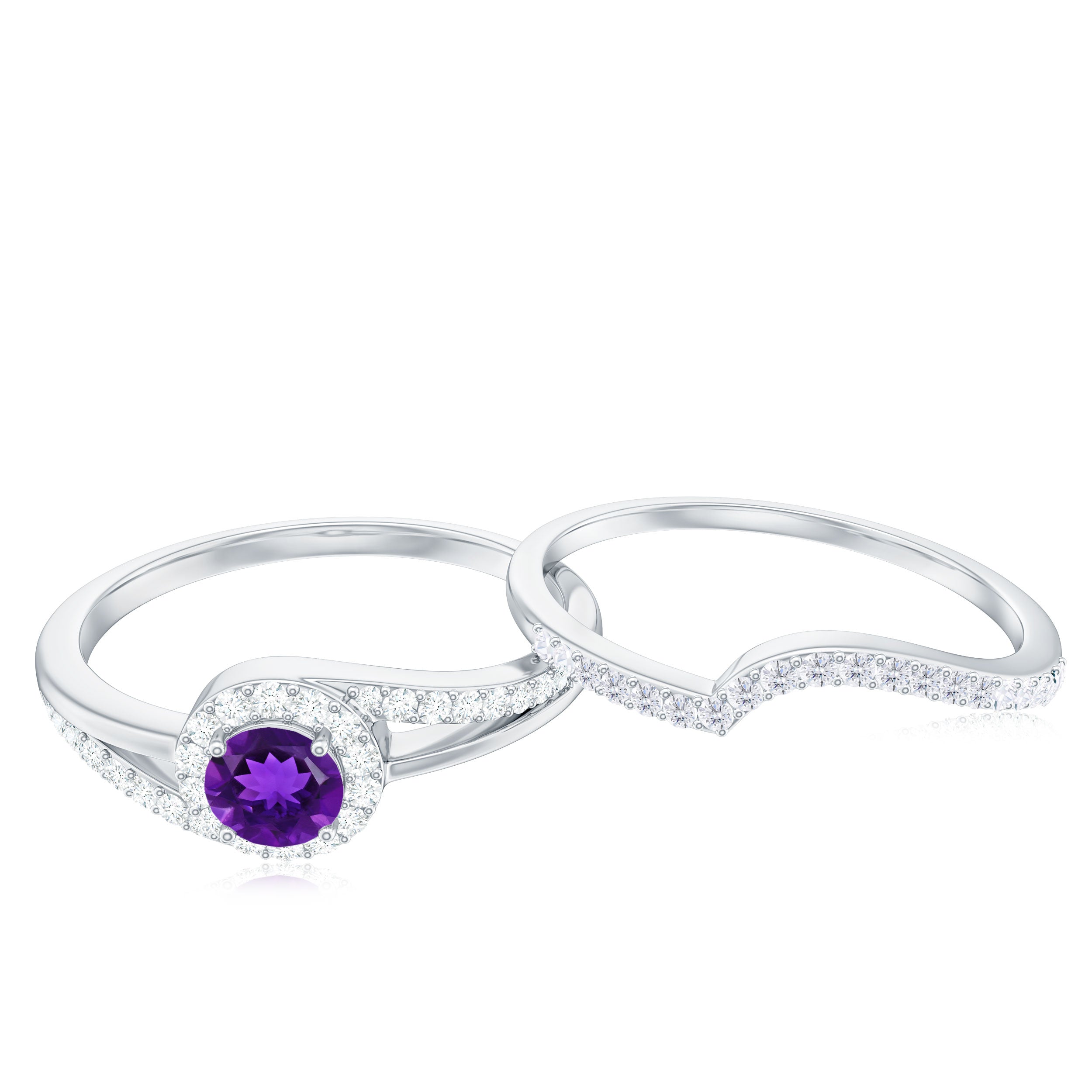 Natural Amethyst and Diamond Minimal Bridal Ring Set Amethyst - ( AAA ) - Quality - Rosec Jewels