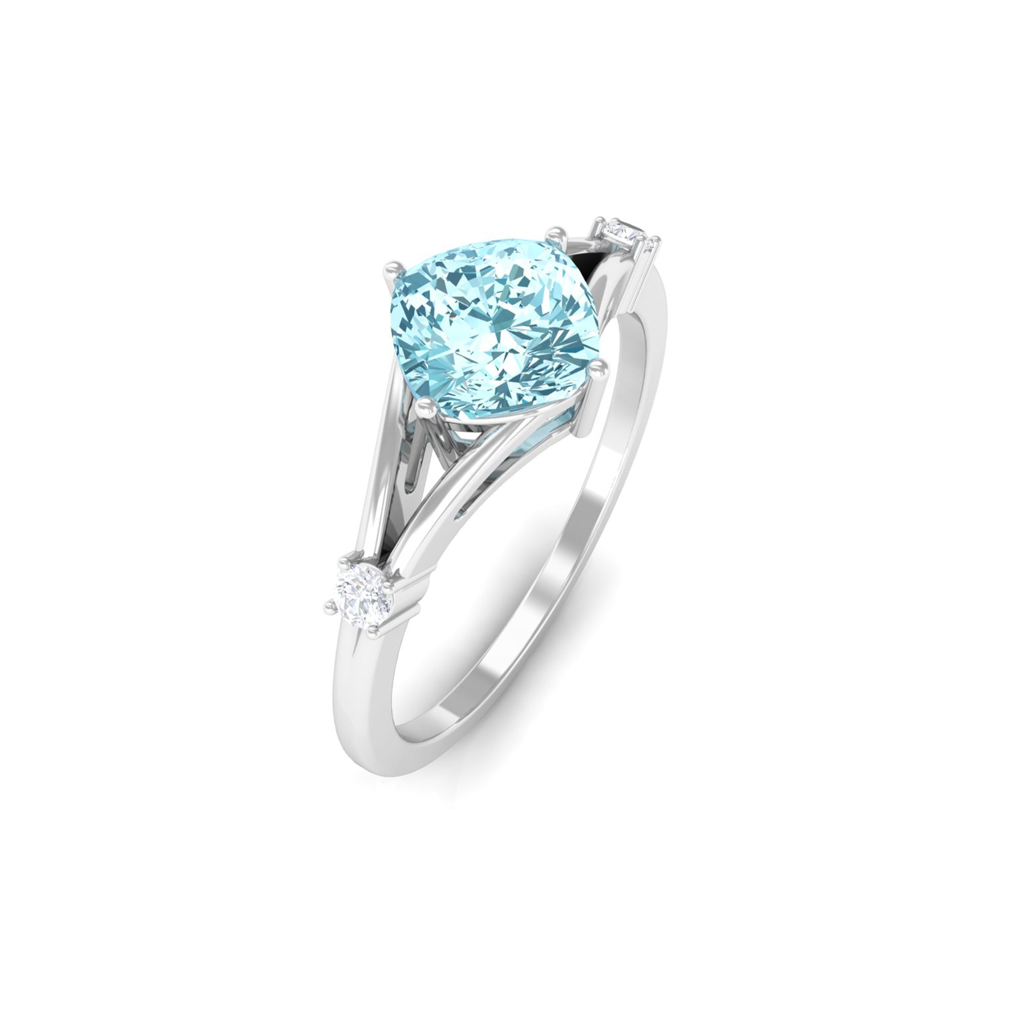 Cushion Cut Aquamarine Solitaire Ring with Diamond in Split Shank Aquamarine - ( AAA ) - Quality - Rosec Jewels