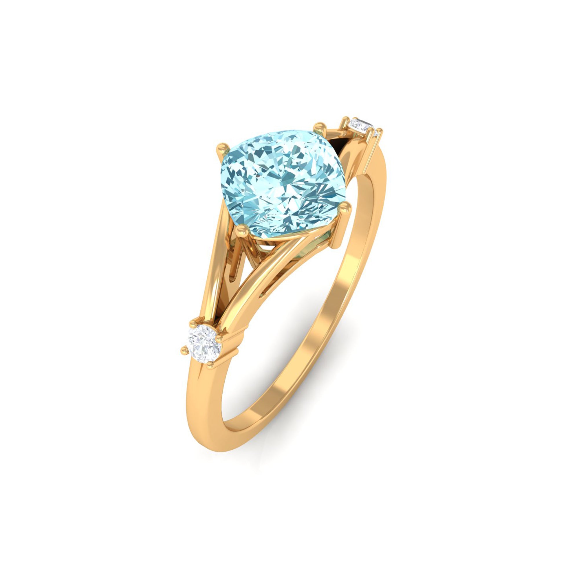 Cushion Cut Aquamarine Solitaire Ring with Diamond in Split Shank Aquamarine - ( AAA ) - Quality - Rosec Jewels