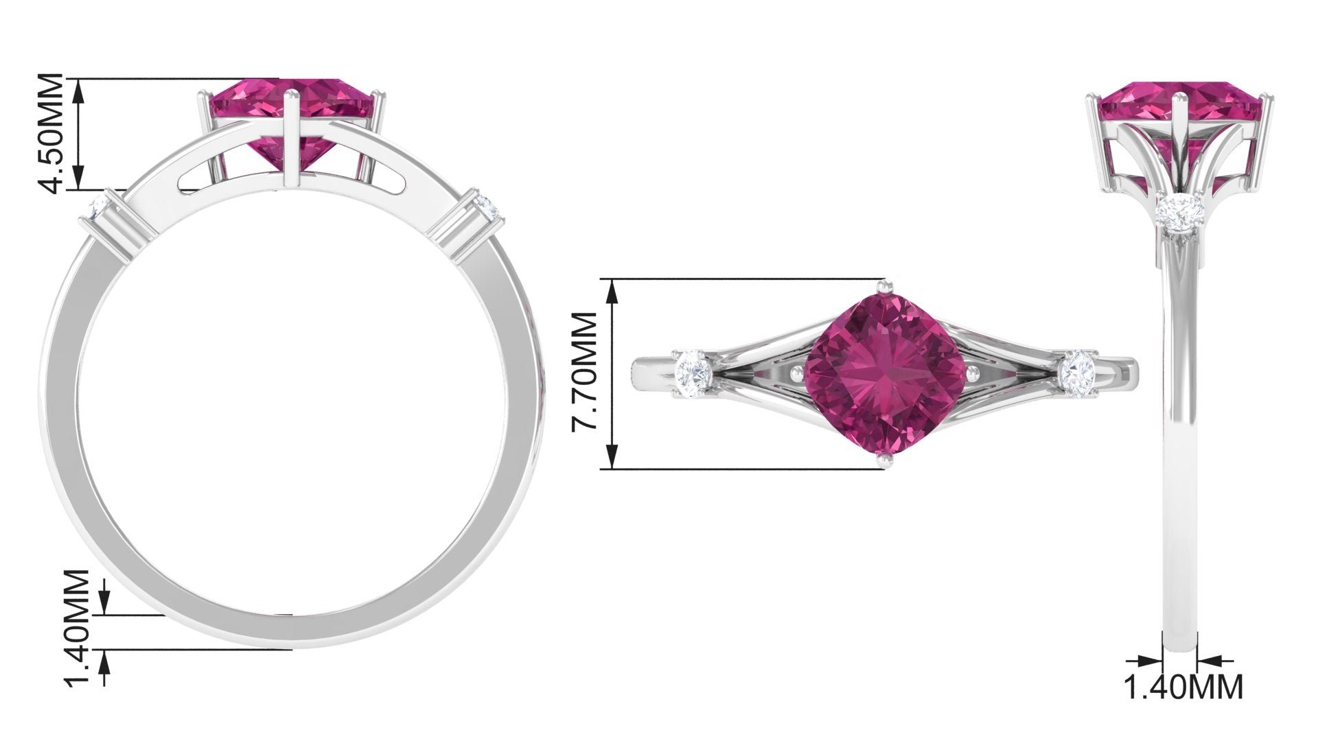 Cushion Cut Pink Tourmaline Solitaire Ring with Diamond Pink Tourmaline - ( AAA ) - Quality - Rosec Jewels